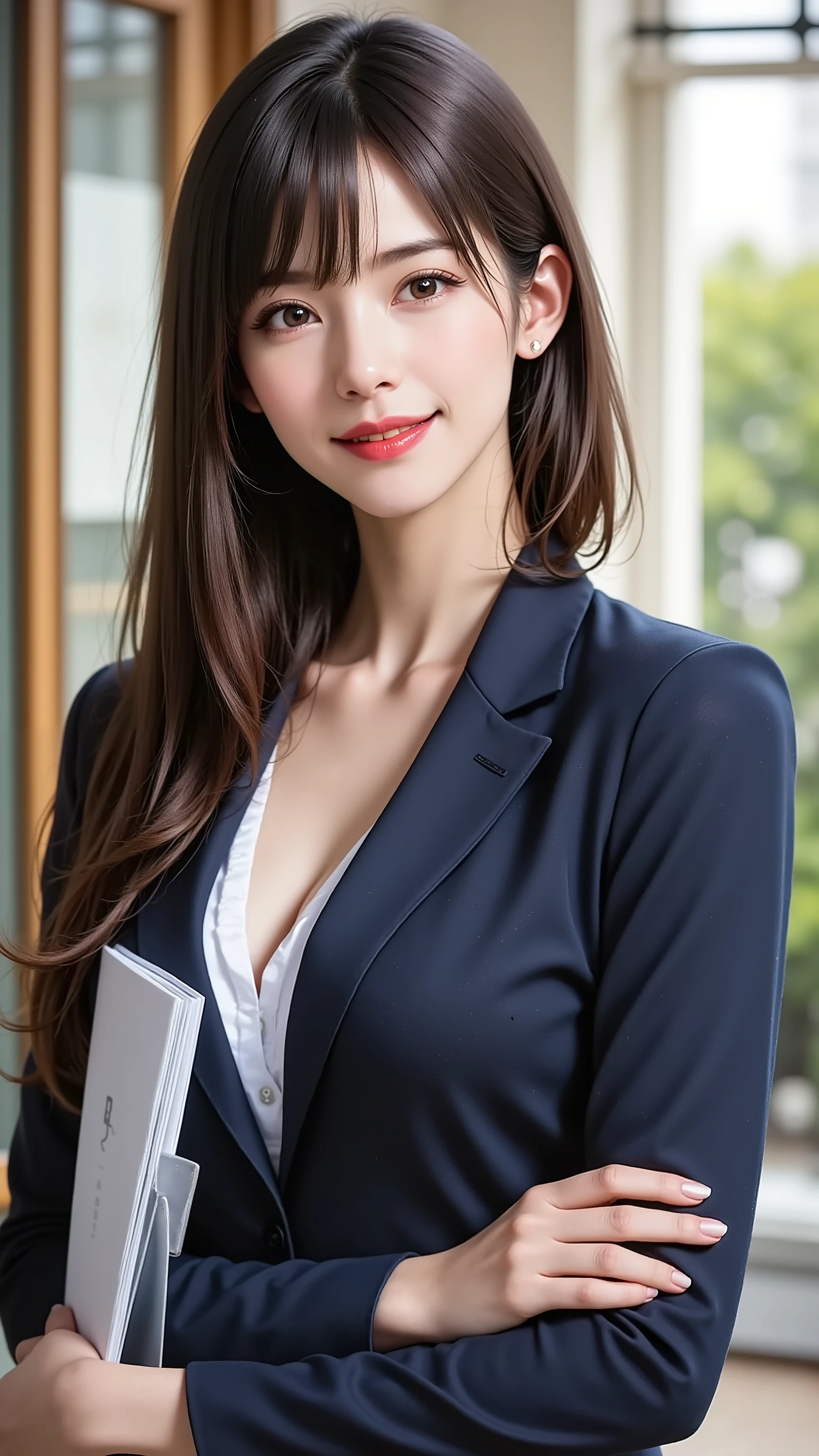 A realistic, waist-up portrait of a sophisticated woman in her 30s. She has sleek long black hair, natural makeup, and a warm, intelligent smile as she gazes at the camera. She is wearing a corporate uniform (blazer and skirt) and is holding a folder or documents in one hand. Her other hand, with its elegant manicure, is subtly placed near the folder, with all five fingers clearly visible in a graceful gesture. The background is a slightly blurred office setting.