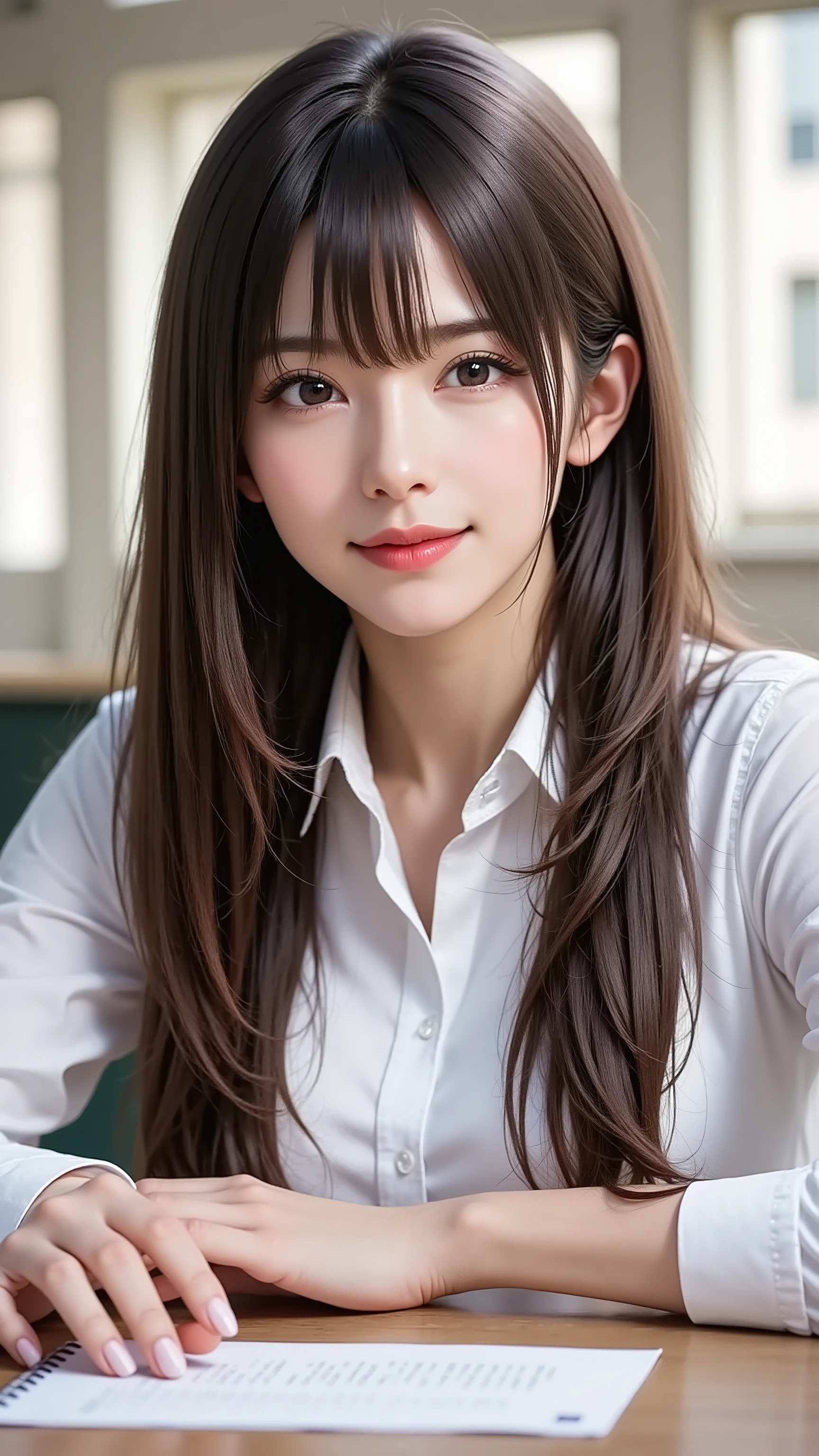 A photorealistic, eye-level medium shot of an appealing woman in her 30s with beautiful long black hair. She has natural makeup and a gentle, inviting expression, making eye contact with the viewer. She is seated at an office desk, wearing her professional uniform. One hand, adorned with a lovely manicure, is resting casually on the desk or subtly holding a pen, with all five fingers elegantly displayed. The office background is softly lit.