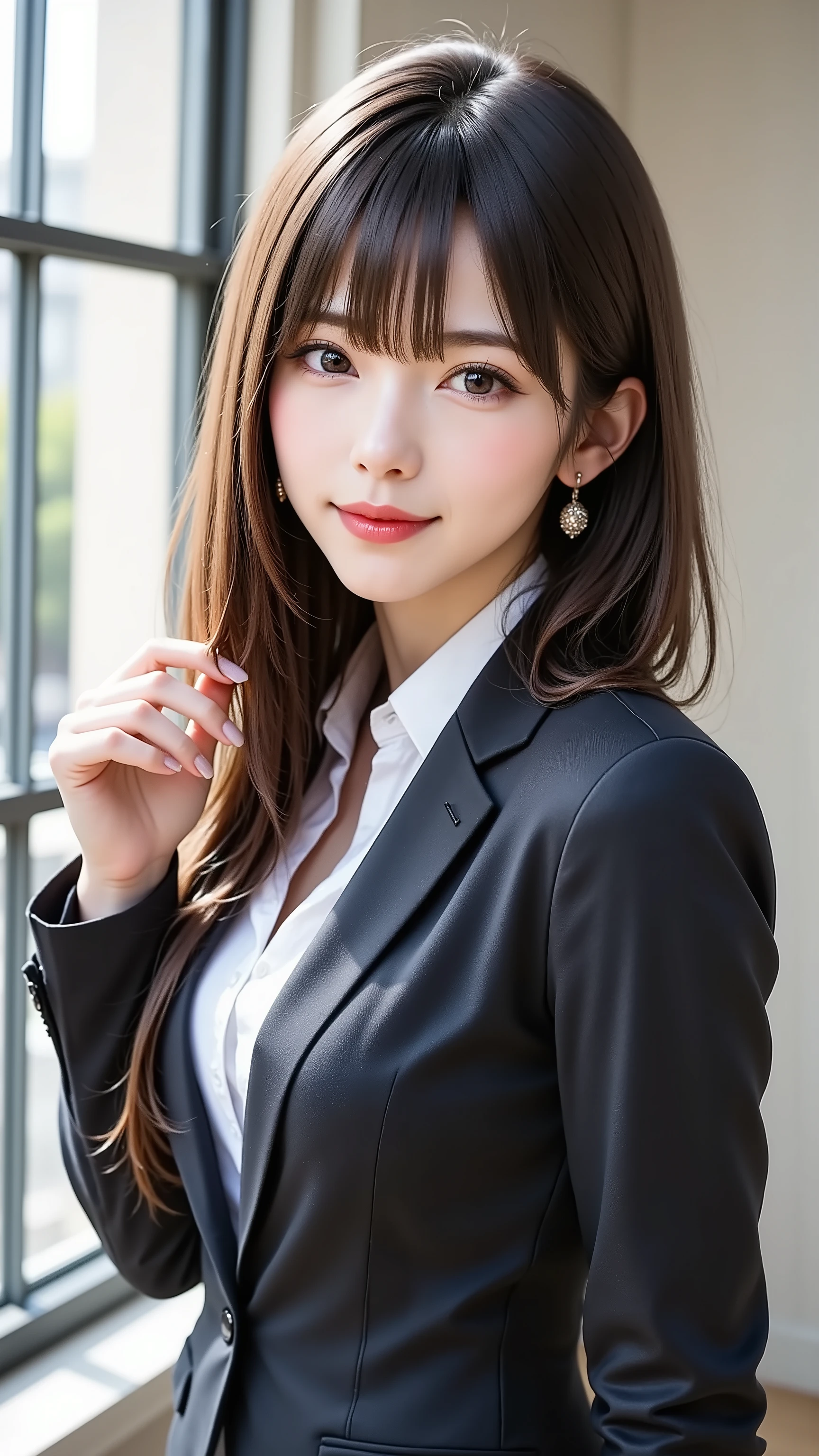 A realistic, waist-up portrait of a sophisticated Japanese woman in her 30s with flowing long black hair. She has natural makeup and a serene, thoughtful look as she glances towards the camera. She is in an office uniform (blazer and blouse), standing by a large office window with soft natural light. Her elegantly manicured hand is subtly raised near her chest or touching her hair, showing all five fingers in a graceful pose.