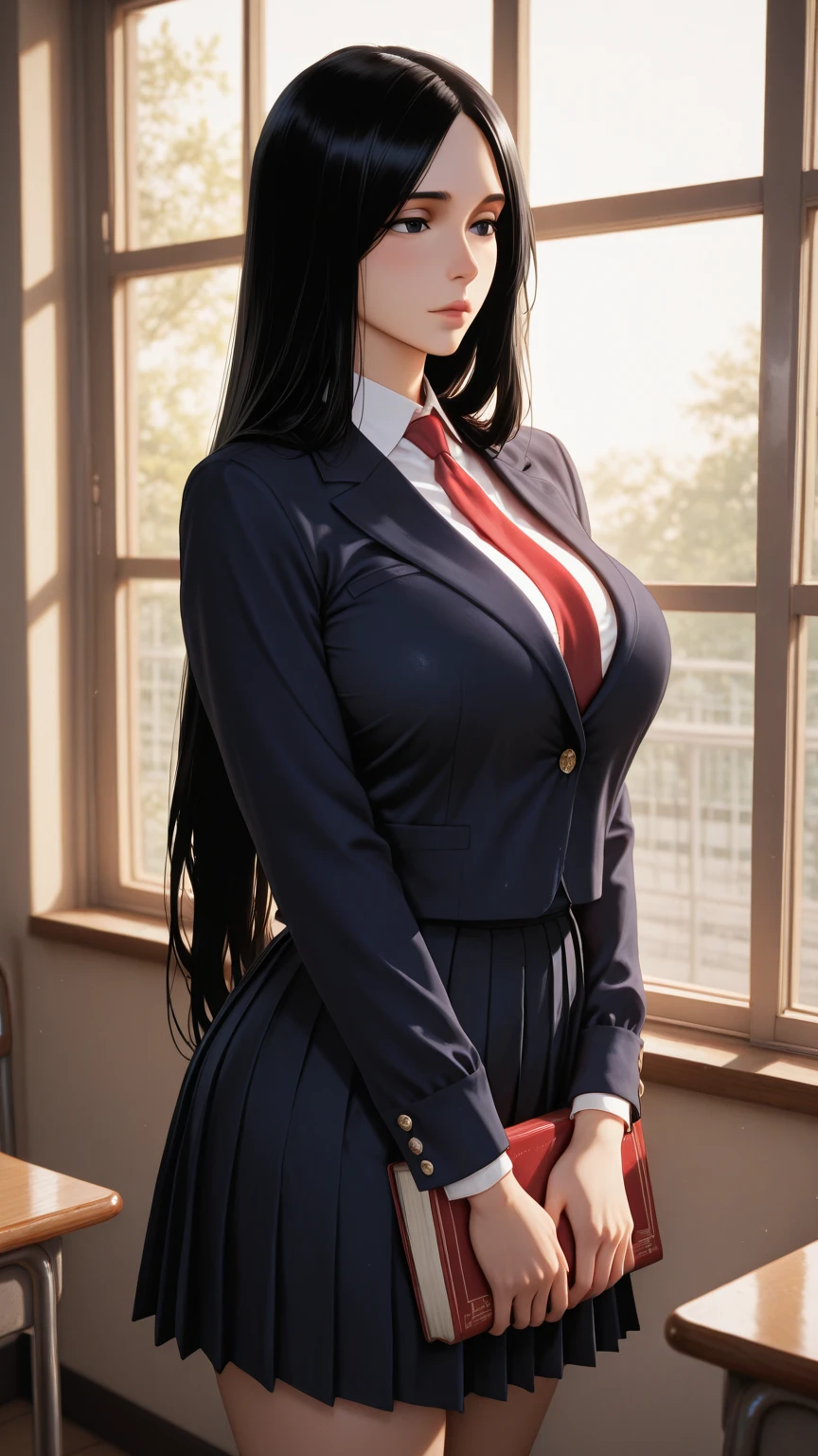 ((Best Quality)), ((masutepiece)), (Detailed), (highlight), Perfect face　Young girl with detailed face showing cleavage、Red eyes and long, thick, glossy, beautiful black hair with blunt bangs、Single-color background、Standing wearing school uniform with blazer and 、