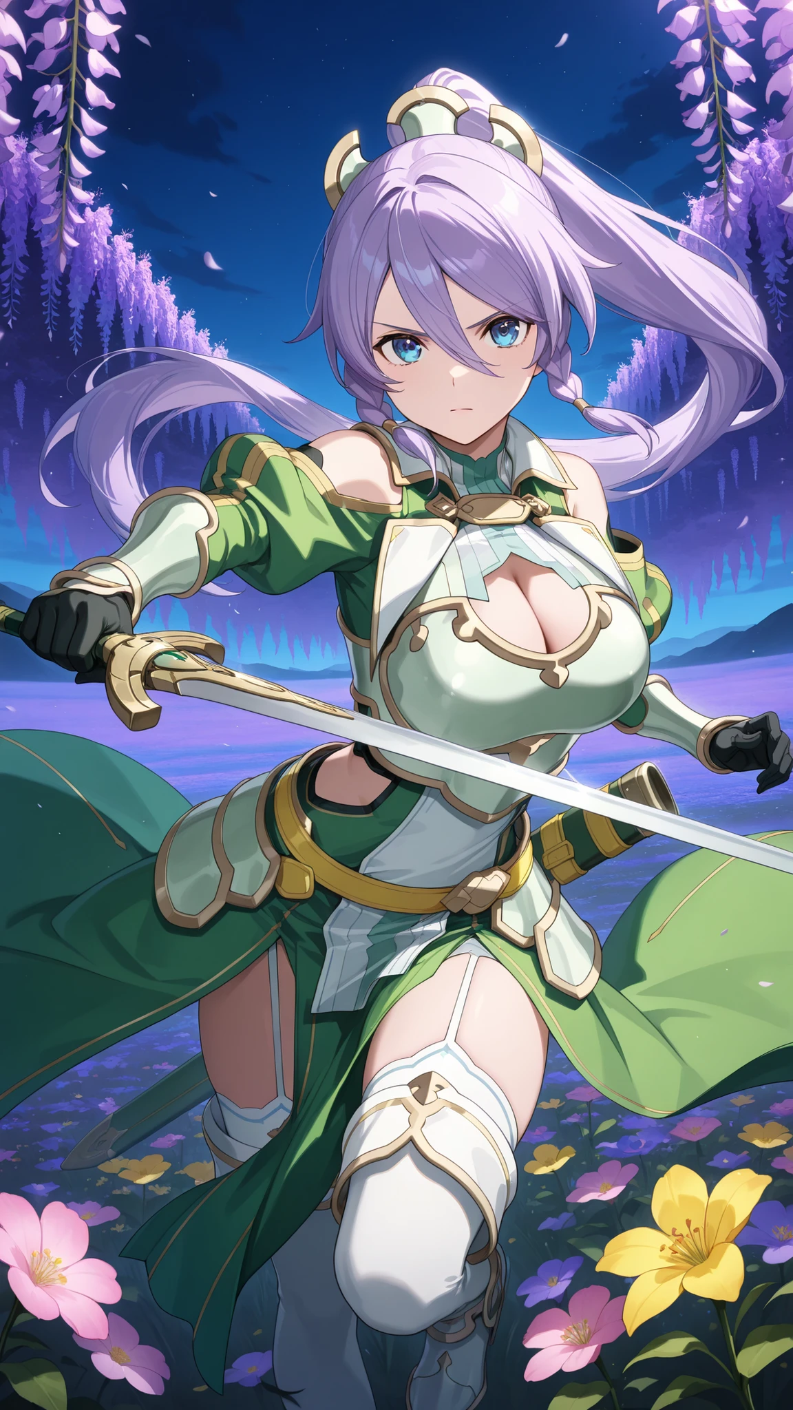 masterpiece,best quality,highre,ultra-detailed,detailed illustration,source_anime,1girl,solo,slender,Shizuru,purple hair, long hair, blue eyes,highly detailed eyes,hair between eyes,twin braids, high ponytail,armored dress, green sleeves, breastplate, cleavage cutout, large breasts, shoulder cutout, green sleeves, long sleeves, bracer, black gloves, side cutout, faulds, yellow belt, scabbard, green skirt, pelvic curtain, garter straps, white thighhighs, thigh boots,outdoor,field of flowers,night,looking at viewer,wisteria,purple flower,yellow flower,pink flower,holding a sword ,serious, wind blowing her hair,brave perspective,dynamic pose,fighting,