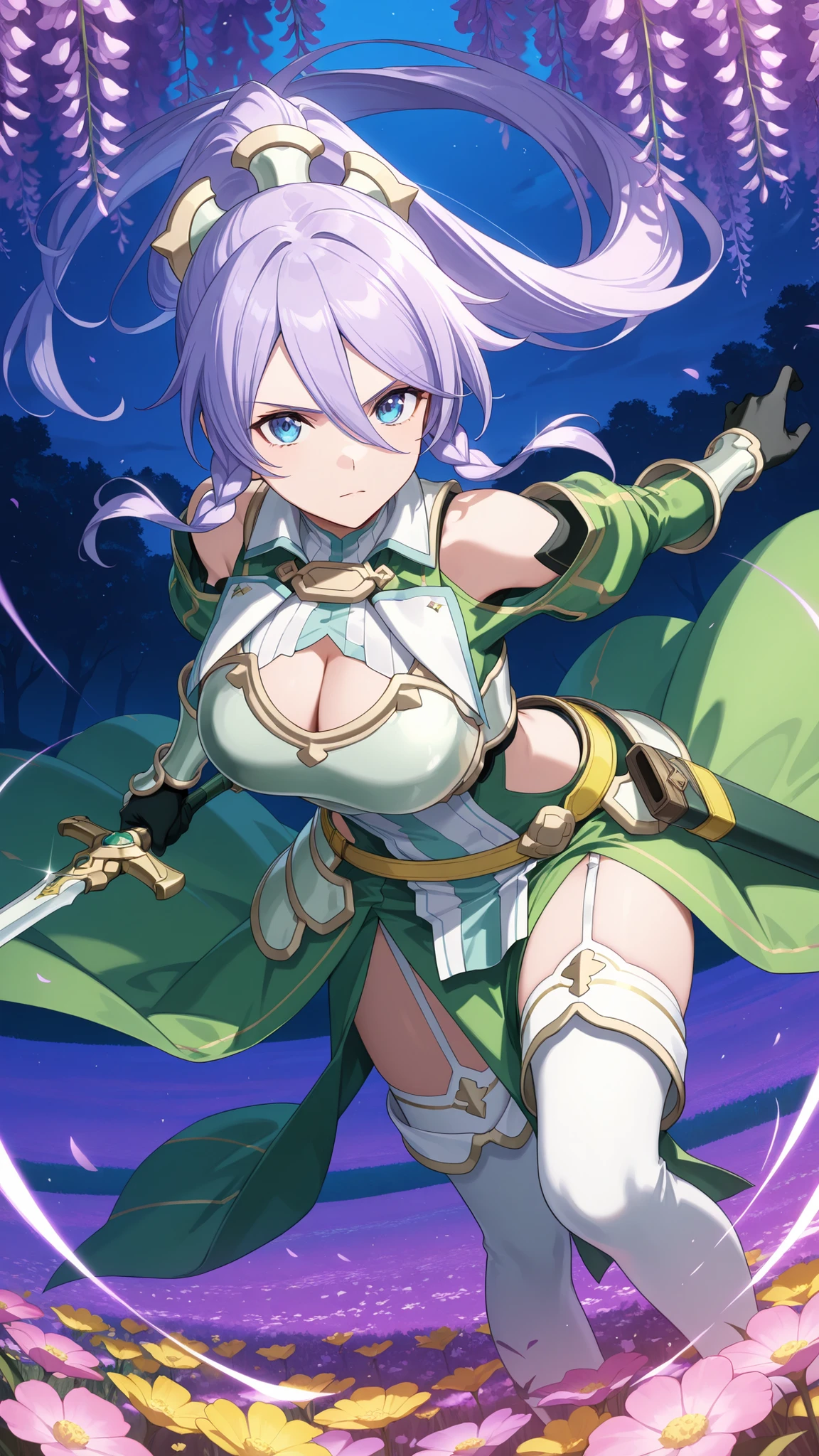 masterpiece,best quality,highre,ultra-detailed,detailed illustration,source_anime,1girl,solo,slender,Shizuru,purple hair, long hair, blue eyes,highly detailed eyes,hair between eyes,twin braids, high ponytail,armored dress, green sleeves, breastplate, cleavage cutout, large breasts, shoulder cutout, green sleeves, long sleeves, bracer, black gloves, side cutout, faulds, yellow belt, scabbard, green skirt, pelvic curtain, garter straps, white thighhighs, thigh boots,outdoor,field of flowers,night,looking at viewer,wisteria,purple flower,yellow flower,pink flower,sprinting forward, dynamic start dash pose, hair trailing behind ,serious, wind blowing her hair,brave perspective,dynamic pose,fighting,holding sword,
