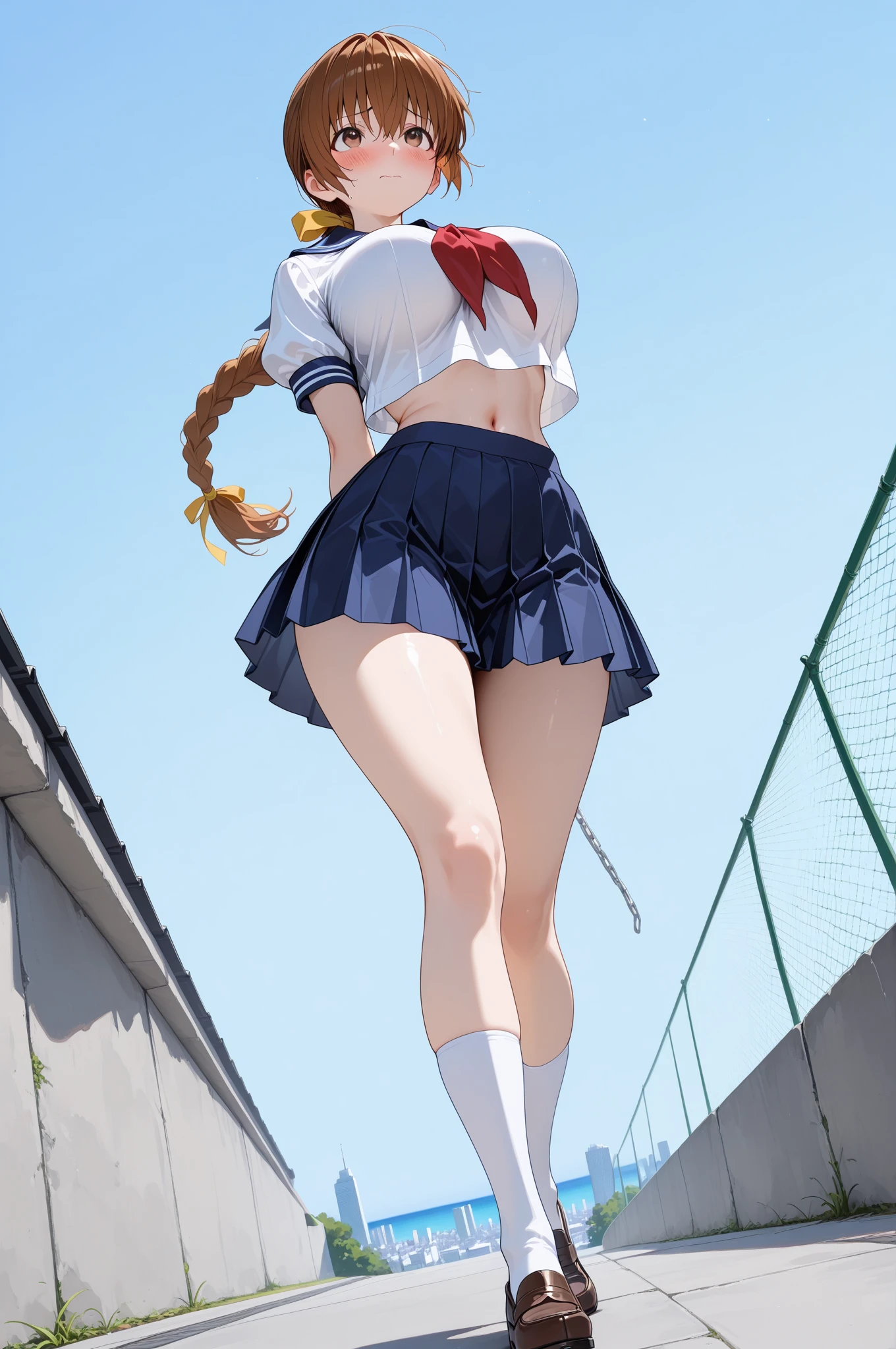 highest quality,1 girl,Big Breasts,,blush, Shut your mouth., Sweat,airi akizuki, Long Hair, blue eyes, Blonde Hair, Twin tails,skirt, Knee socks, Striped, Striped Knee socks, blue skirt, Exposing shoulders, shirt, sleeveless shirt, red shirt,((Lift skirt,:1.1)),garden,((Standing Split:1.1)),Standing on one leg