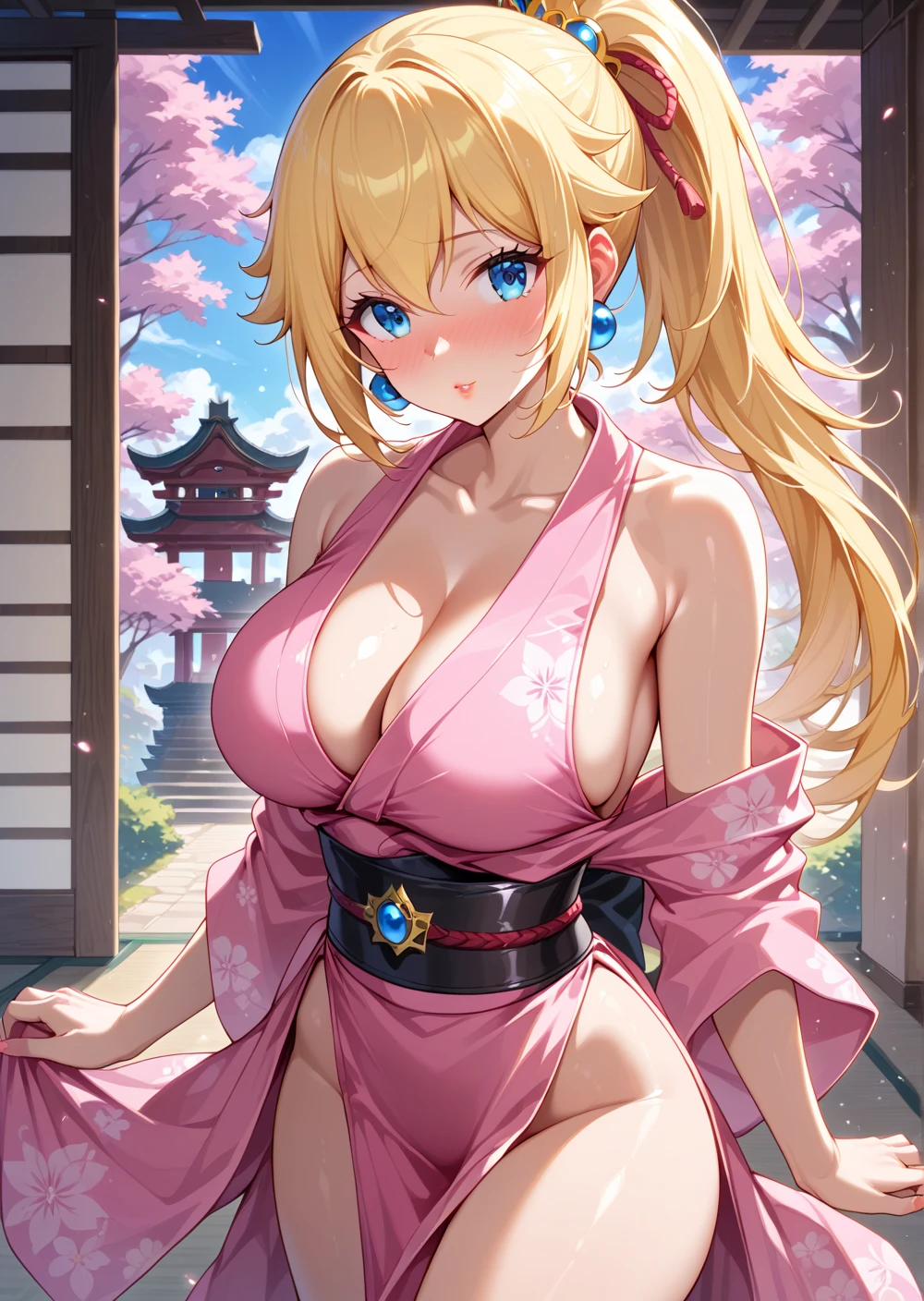 ((One personの女性)), Beautiful Face, Make it look painful,((Wink:2.0)),((Touching the ????? with your hand:2.0)), ((??????????? spills out from ??????:3.5)),Open your mouth wide and shout,((Red cheeks:1.4)),Glossy pink lips,night,rooftop,Festive decorations,You can see the ocean, firework,((Anime style background)),masterpiece, Highest quality, so beautiful, Latest, Complex details, (Pink long nails),(ring),(flower bracelet),Floral choker,AI-generated, Complex,High resolution, Highest quality, super high quality,3D Images、View your viewers、3D Images,One person,Long blonde hair,High Ponytail,Turquoise Eyes,Anime woman posing for a photo, (Fine grain,Colorful eyes,Shining Eyes:1.3),(Squint your eyes:1.1),a hyperRealistic , hyperRealistic , Realistic,Blonde anime woman with long hair, Smooth anime CG art, A woman in a colorful kimono with gold embroidery, (Pink long sleeve kimono),Red floral pattern,Long flower hair ornament,Large floral earrings,(ring),(???????????:1.1),Mature Body,Tall,Big ???,Narrow waist,Abdominal muscles,Sweating all over the body,(Zoom in on face:1.1),(Spread your legs),Exposed ??????,((The ????? comes out of the ??????:2.5)),((sweat flowing from the ??????:1.6)), 