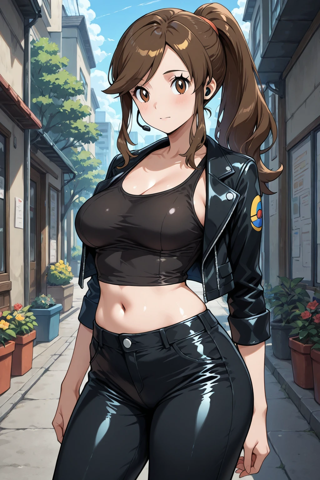 masterpiece, best quality, 1girl, solo  <lora:ffkyrie-illu-nvwls-v1-000006:1> ffkyrie, black hair, long hair, brown eyes, cabbie hat, grey crop top, buttons, sleeveless, belt, grey shorts, denim shorts, bike shorts under shorts, red gloves, striped thighhighs, city, night sky, upper body, looking at viewer, smug, smile, leaning forward