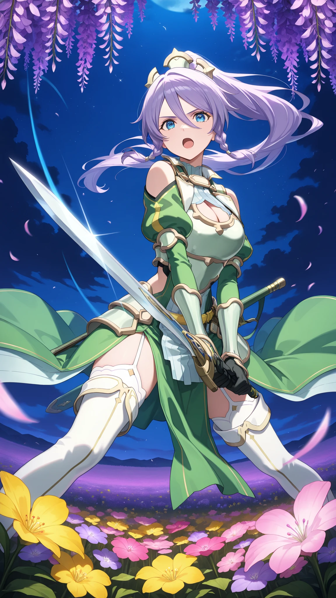 masterpiece,best quality,highre,ultra-detailed,detailed illustration,source_anime,1girl,solo,slender,Shizuru,purple hair, long hair, blue eyes,highly detailed eyes,hair between eyes,twin braids, high ponytail,armored dress, green sleeves, breastplate, cleavage cutout, large breasts, shoulder cutout, green sleeves, long sleeves, bracer, black gloves, side cutout, faulds, yellow belt, scabbard, green skirt, pelvic curtain, garter straps, white thighhighs, thigh boots,outdoor,field of flowers,night,looking at viewer,wisteria,purple flower,yellow flower,pink flower,serious,wind blowing her hair,brave perspective,hiroic,dynamic pose,holding sword,two-handed,legs apart,open mouth,motion blur,