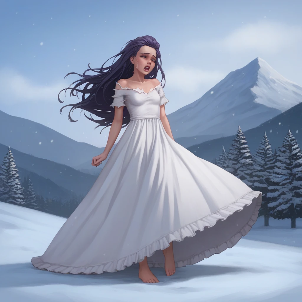 

(1girl), (masterpiece), (best quality), ((looking at the viewer)), ((full body)),((facing the viewer))

In a serene alpine setting, atop a snow-capped mountain peak, a young woman stands gracefully. Her hair, as pure and white as freshly fallen snow, cascades down her shoulders in gentle waves. Her eyes, a striking shade of blue reminiscent of deep sapphires, reflect the clear, crisp sky above. She is adorned in an elegant, flowing white gown that flutters lightly in the mountain breeze, accentuating her slender figure. The morning sun bathes her in a soft, golden glow, highlighting the delicate features of her face - a serene expression that mirrors the tranquility of her surroundings. Her gaze is fixed upon the panoramic view of rugged valleys and distant peaks, a scene painted with pristine snow and lush greenery under the vast, unblemished sky.