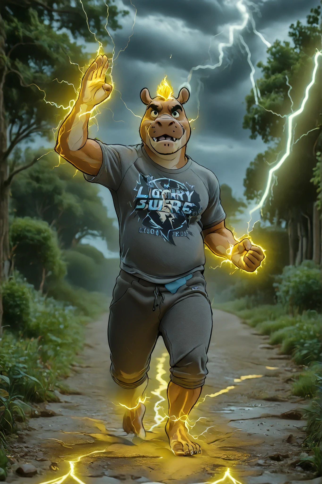 ultra-detailed, 8k wallpaper, ((anthro Beshte hippo)), furry, anthro, male, bara, chubby, ((casual t-shirt)), ((barefoot on rocky ground)), plantigrade, ((lightning surging from each step)), ((thunder trails behind)), ((electric energy circling ankles)), ((running pose)), ((dramatic stormy setting)), ((electricity crackling)), ((weather effects)), long sweatpants, 2d art, foot focus
