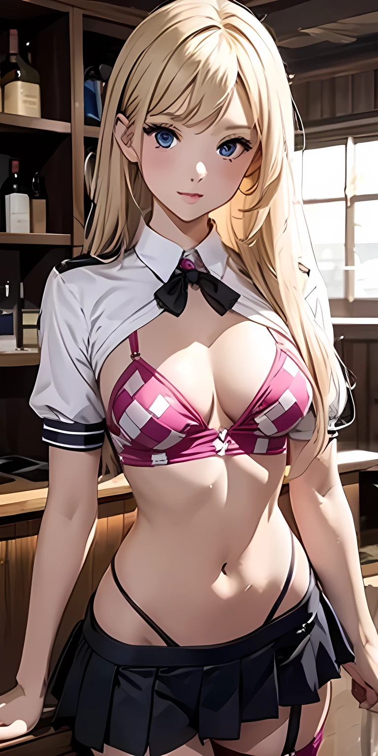 standing in a sexy pose、belly button、troubled expression、small breasts naked、thin body、(Pink Patterned Low Rise Ultra Mini Bikini :1.4) 、(High School Girl Uniform Design Ruffle :1.8)、Notice the black garter belt 、white uniform sleeve、blue eyes 、Blonde、fine eyebrows, bar counter、(glossy lips: 1.4)、flown