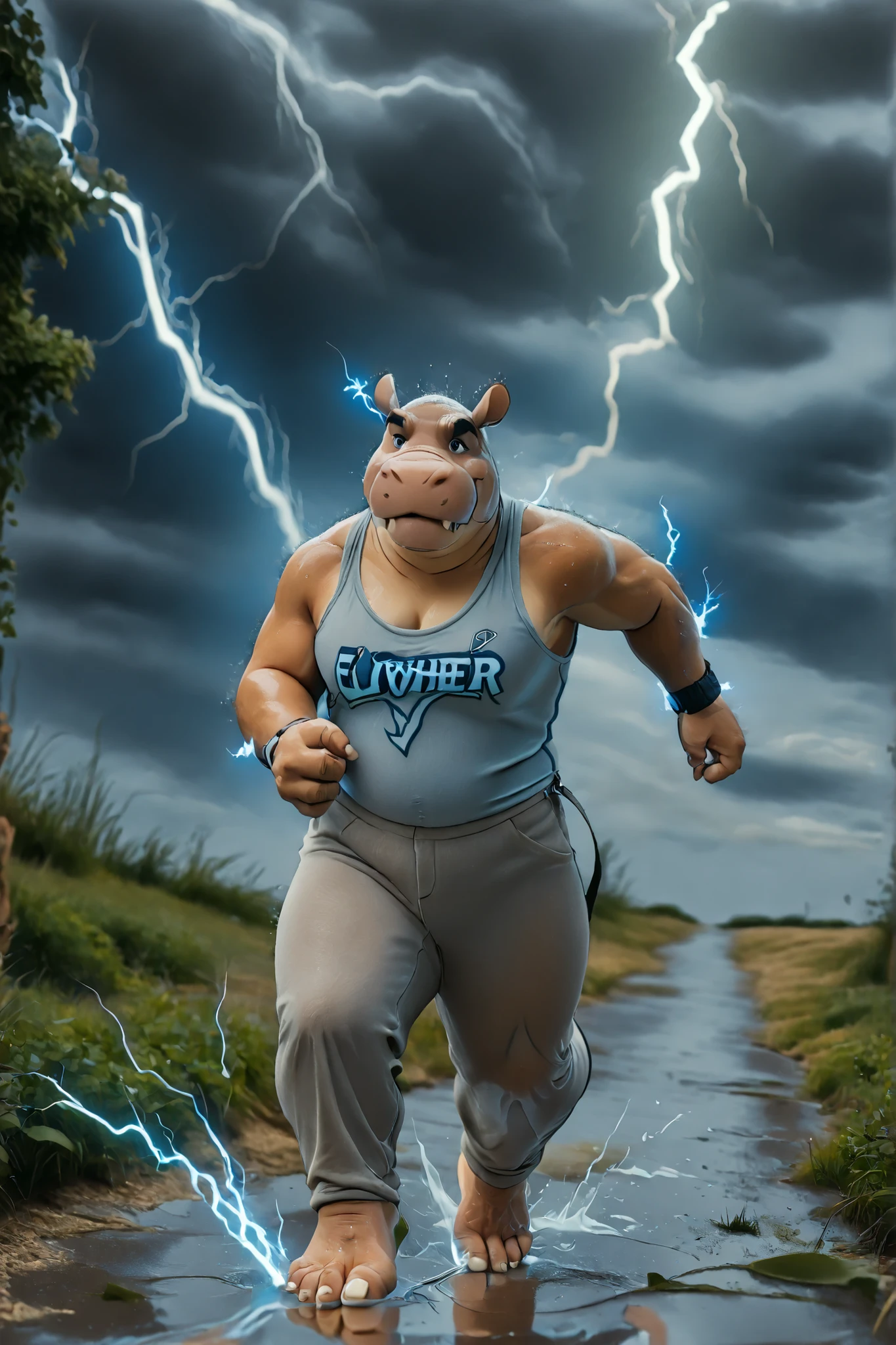 lthndrtrl,Beshte, hippo boy,masterpiece, best quality, ultra-highres, ((anthro hippo)), ((Beshte)), ((athletic tank top)), ((casual long pants)), ((barefoot running)), bara, chubby ((detailed hippo feet in motion)), ((lightning trails following footsteps)), ((thunder energy surging)), ((electric blue power)), ((detailed foot pads)), ((toe definition)), ((electricity between toes)), ((dynamic pose)), ((storm background)), ((rain effects)), ((puddle splashes with electricity)), ((foot focus)), ((clothed character)), ((powerful movement)), 