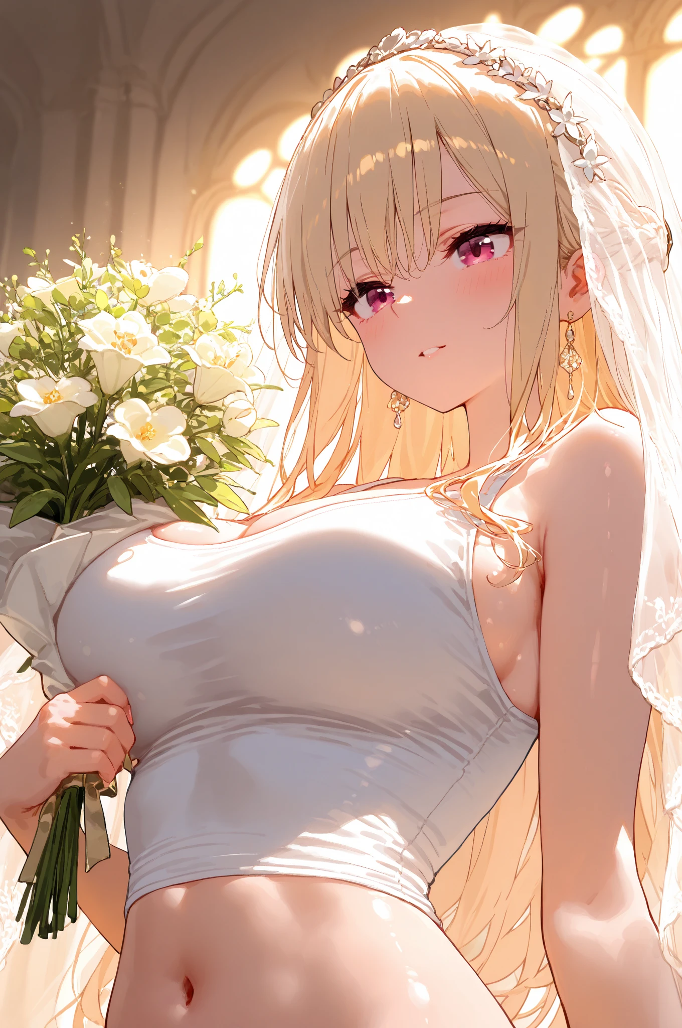 ((((masterpiece, best quality, high resolution)))), (1girl:1.5), ((short silky hair, white hair, purple eyes, sharp eyes)), (average breasts:1.2), (blushing), (cheeky smile, parted lips), glow, thighs,  shoulders, collarbone, narrow waist, (slender body figure), (beautiful detailed face, beautiful detailed eyes), (()), (bridal hair veil), (holding bouquet), (standing up), looking at viewer, bedroom, (cowboy shot)