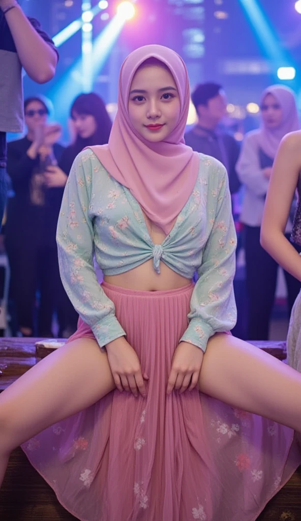 mira filzah seating on the piano in the ballroom,  seducing pose, hotel ballroom hall, nighttime, (mira filzah:1.3), wearing pink hijab, pink color hijab, white small Camisole  tops, pink pleated skirt, pink sneakers, tall, small , small , flat , back curve, small waist, thick thighs, big , slim abs, firm , bright lighting, medium shot photography, professional lighting,