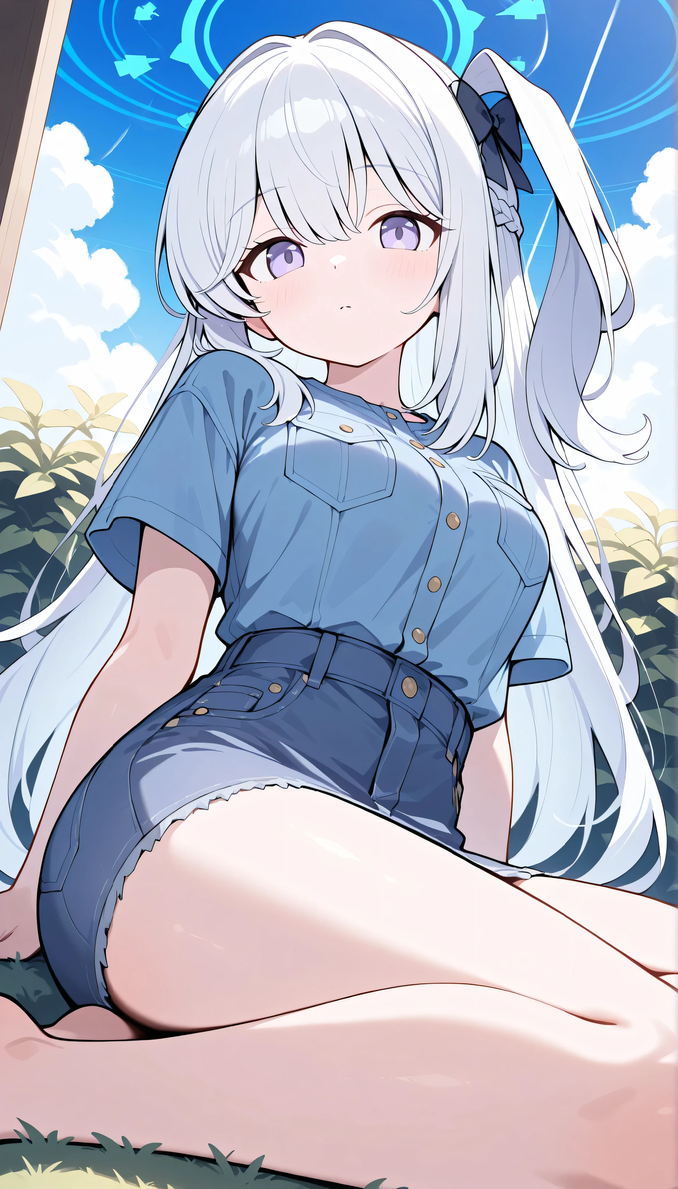 miyako (blue archive),purple eyes, white hair,long hair,one side up,halo,medium breasts, denim shirt, mini skirt,　solo, I can see my eyebrows from the inside of my hair, hair between eyes,　 masterpiece, Best Quality, very aesthetic,　yokozuwari, outdoor, garden, blue sky, looking at viewer, from below,