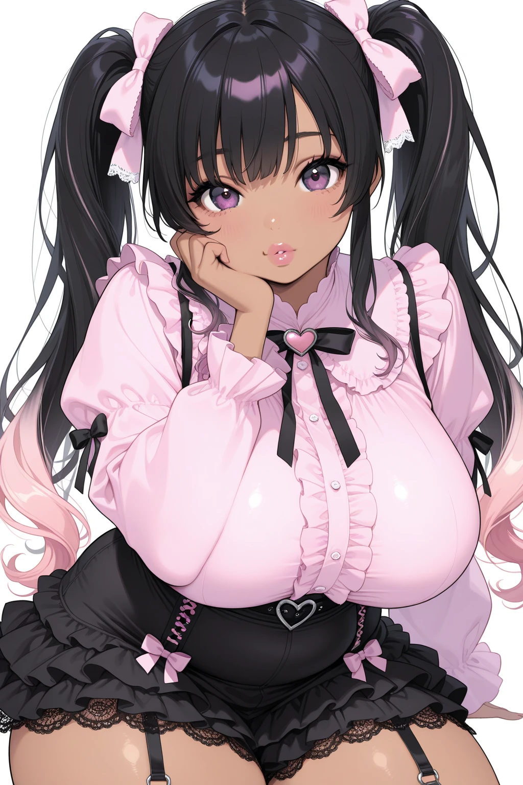 blush, smileglowing aura, natural light, masterpiece,  glossy skin, juicy lips , ,, hot, , cleavage, evil,juicy lips, bimbo, hour glass, long hair with black pigtails and cute cat ears,  wide eyes, red eyes, massive , dark lighting, long hair, pink bow, lplatform shoes, bow in hair, golden round glasses, sandy blonde hair, juicy lips, cowboy shot,  ((pink bow)), dress, fangs, garter belt, black pigtails with cat ears