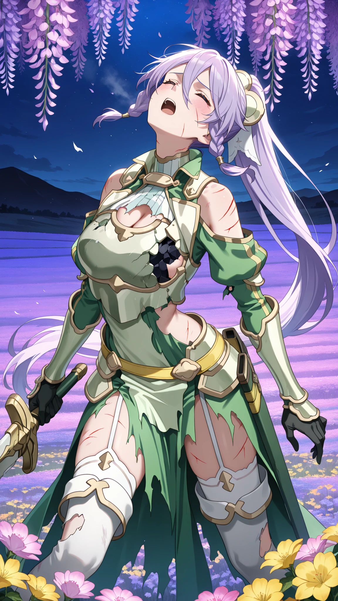 masterpiece,best quality,highre,ultra-detailed,detailed illustration,source_anime,1girl,solo,slender,Shizuru,purple hair, long hair,closed eyes,highly detailed eyes,hair between eyes,twin braids, high ponytail,armored dress, green sleeves, breastplate, cleavage cutout, large breasts, shoulder cutout, green sleeves, long sleeves, bracer, black gloves, side cutout, faulds, yellow belt, scabbard, green skirt, pelvic curtain, garter straps, white thighhighs, thigh boots,outdoor,field of flowers,night,looking at viewer,wisteria,purple flower,yellow flower,pink flower,serious,wind blowing her hair,dynamic pose,holding sword,open mouth,blush,standing,arched back,head back,arms at sides,legs apart,(abrasion, scratches, grazed skin,linear wound, cuts:1.2),(broken breastplate,,shredded clothes,torn clothes:1.3),