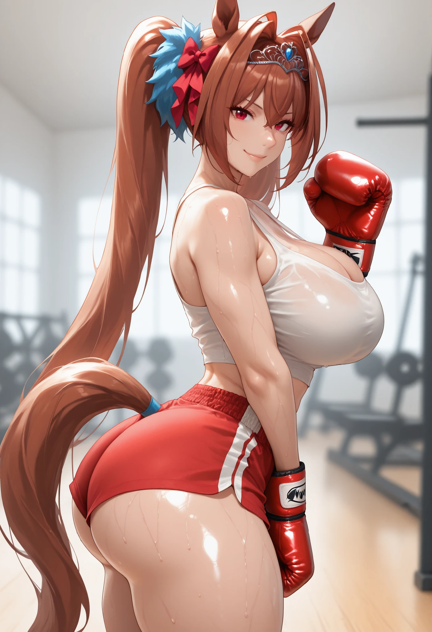 score_9, masterpiece, top quality, vibrant, Very Aesthetic, High Contrast , Semi-realistic, , natural light, Daiwa Scarlet, dwstdef, horse tail, brown hair, hair intakes, hair between eyes, twintails, hair bow, red bow, tiara, animal ears, red eyes, , large breasts, sweaty, white shirt, cleavage, bare shoulders, ,midriff, wide hips, thin waist, thick thighs, sexy smile,, shiny skin, seductive, , vivid colors,, , dynamic pose, ,shiny skin, look at viewer, perfect anatomy, indoors, , blurry background, red shorts, sport clothes, perfect hand, gym, indoors,, side view, round ass, big ass , boxing gloves,
