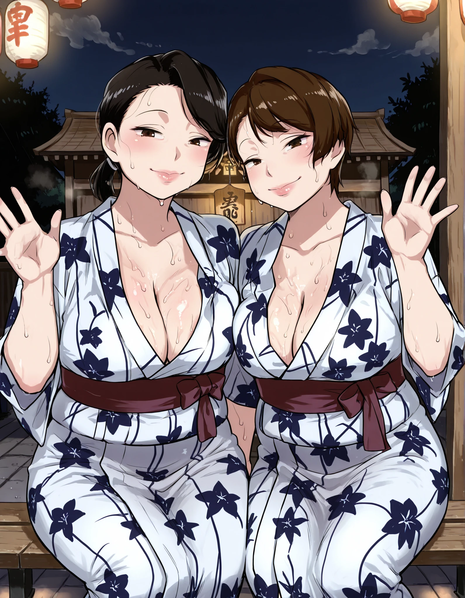 score_9_up , score_8_up , score_7 , masterpiece, Two mature women side by side, watching viewers, Sitting on a bench and waving, mm,mature female, brown eyes,plump,large , black hair ponytail hair and brown short hair,  Night Shrine, summer festival, Stall stalls, Wear a black and purple yukata, cleavage, Sweaty smell, Smile, chubby lips, steamyILL, steam, smell,steaming body