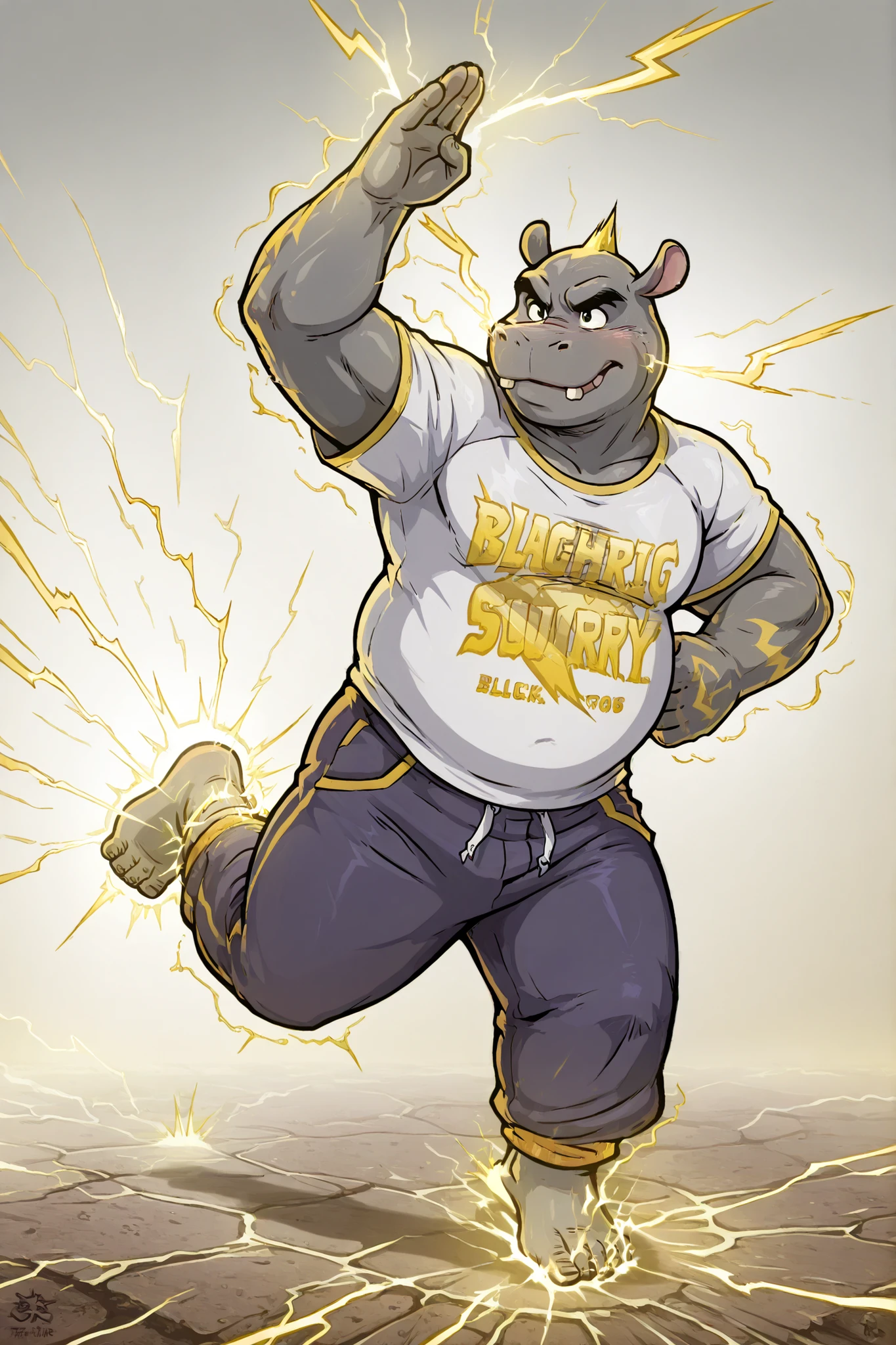 ultra-detailed, 8k wallpaper, ((anthro Beshte hippo)), furry, anthro, male, bara, chubby, gray skin, ((casual t-shirt)), ((barefoot on rocky ground)), plantigrade, ((lightning surging from each step)), ((thunder trails behind)), ((electric energy circling ankles)), ((running pose)), ((dramatic stormy setting)), ((electricity crackling)), ((weather effects)), long sweatpants, 2d art, foot focus