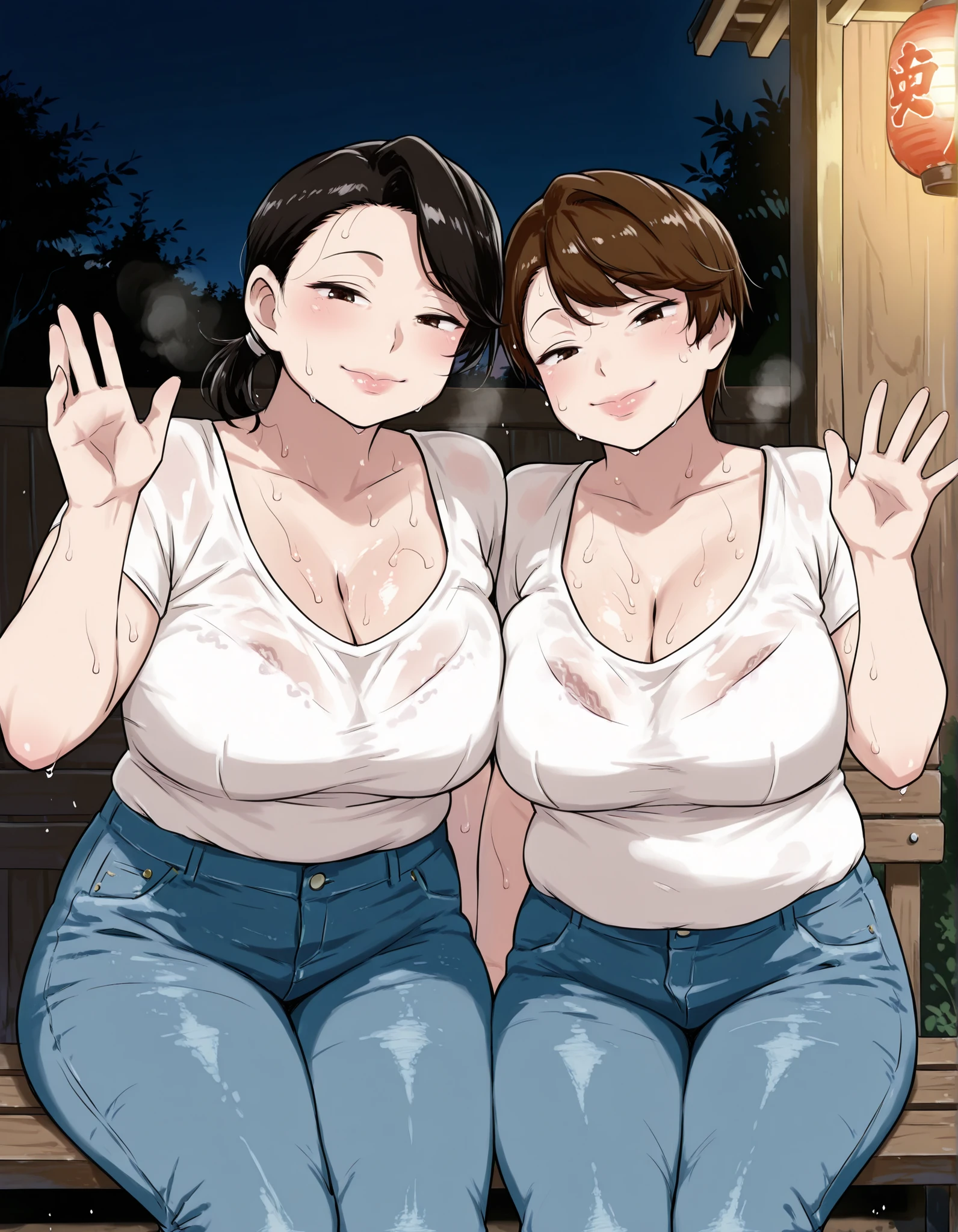 score_9_up , score_8_up , score_7 , masterpiece, Two mature women side by side, watching viewers, Sitting on a bench and waving, mm,mature female, brown eyes,plump,large , black hair ponytail hair and brown short hair,  Night Shrine, summer festival, Stall stalls, white shirt,denim,pants, cleavage, Sweaty smell, Smile, chubby lips, steamyILL, steam, smell,steaming body