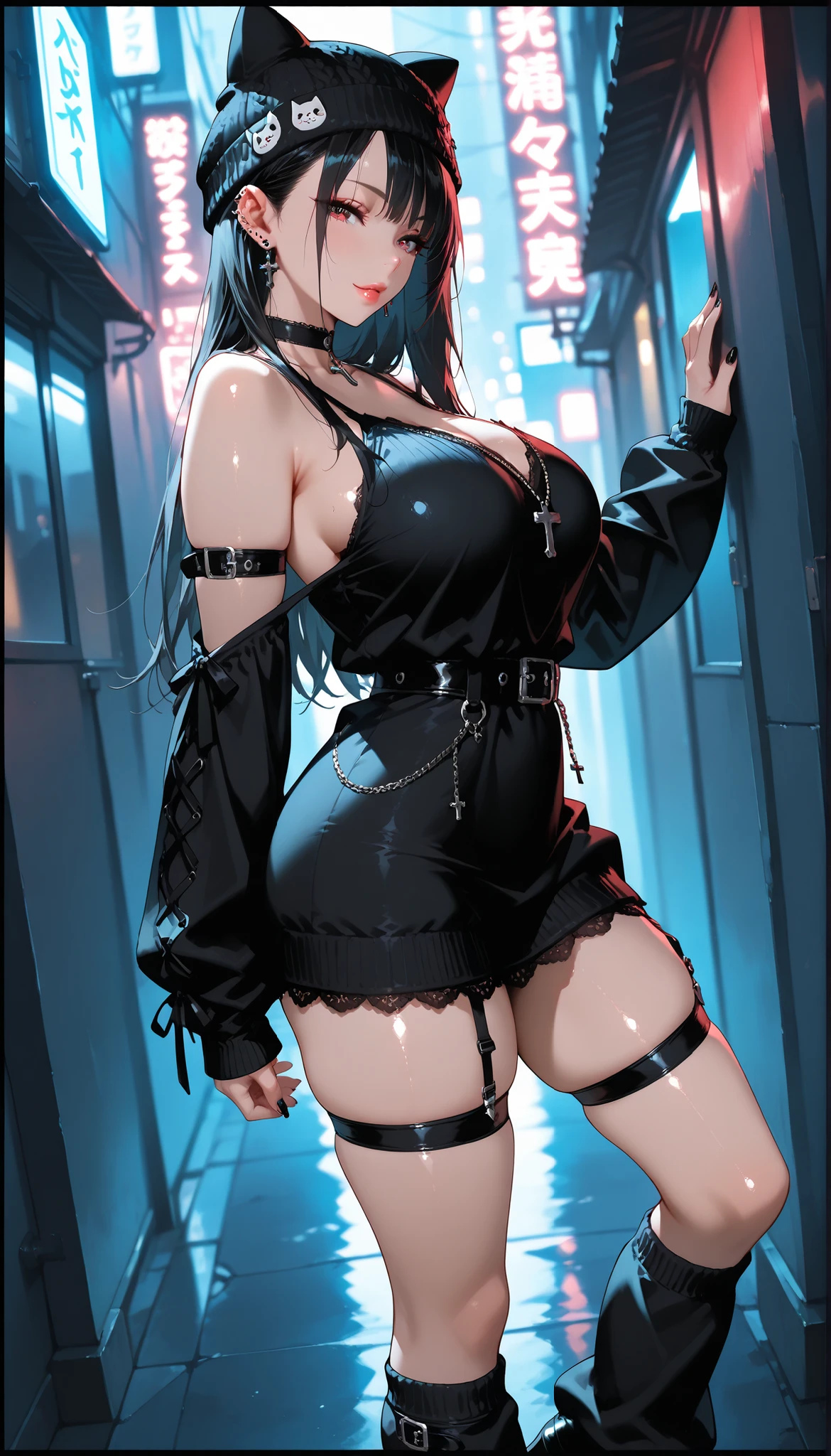 best quality, masterpiece, ultra-detailed, illustration, dynamic pose, Yoru, yorucsm, face scar, red eyes, black hair, looking at viewer, (evil smile), heavy eyeliner, wearing a leather jacket, platform boots  adorned with studded accessories, (layered necklaces), bold patterns, (torn fishnets), dramatic makeup, black nail polish, oversized rings, close-up shot, thick thighs, , big , wide , hip dip, glossy lips, cinematic lighting, volumetric lighting, vibrant colors, ray tracing, intricate details in 8k or 4k resolution