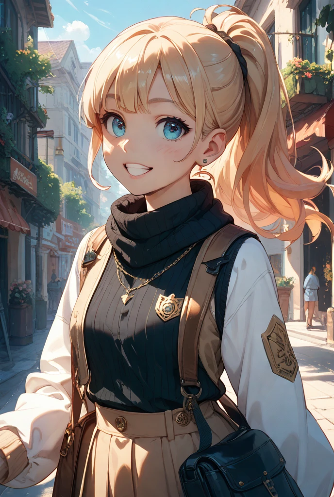 (Absurdities, 8K, 4K, Masterpiece, Extremely detailed:1.2), Single, 1girl, Front view, Perfect face, 1girl, painting, Expressive eyes, Looking at the viewer, Single, Acquaintance, feminine, Relieve the body, mature female 1girl, The genie, Horoscope, Shirt over 1 shoulder, Brown bikini, long sleeves, necklace, long blond hair, Ponytail tie , city background, Headband, beautiful eyes, Brown skirt, Small  , Rings, bracelets, Charismatic, Crazy face, Detailed eyes , nice smile , Perfect , half body, l1girl, Single, Brown shirt, Golden letters, Graphic T-Shirt, bracelets, Rings, necklace, jewelry, Arm sleeves, Fingerless gloves, Manipulation, Mind manipulation, friendly, Hands behind the back, pony tail