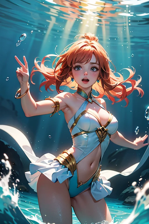 (3D anime, 3D image, best quality), Shirahoshi - The Mermaid Princess of Fishman Island, Manga One Piece, (beautiful face, extraordinary beauty), (reddish hair), (blue eyes), (artistic background, ocean horizon),(dramatic lighting, spotlights, dark shadows),(epic pose, standing), volumetric light.