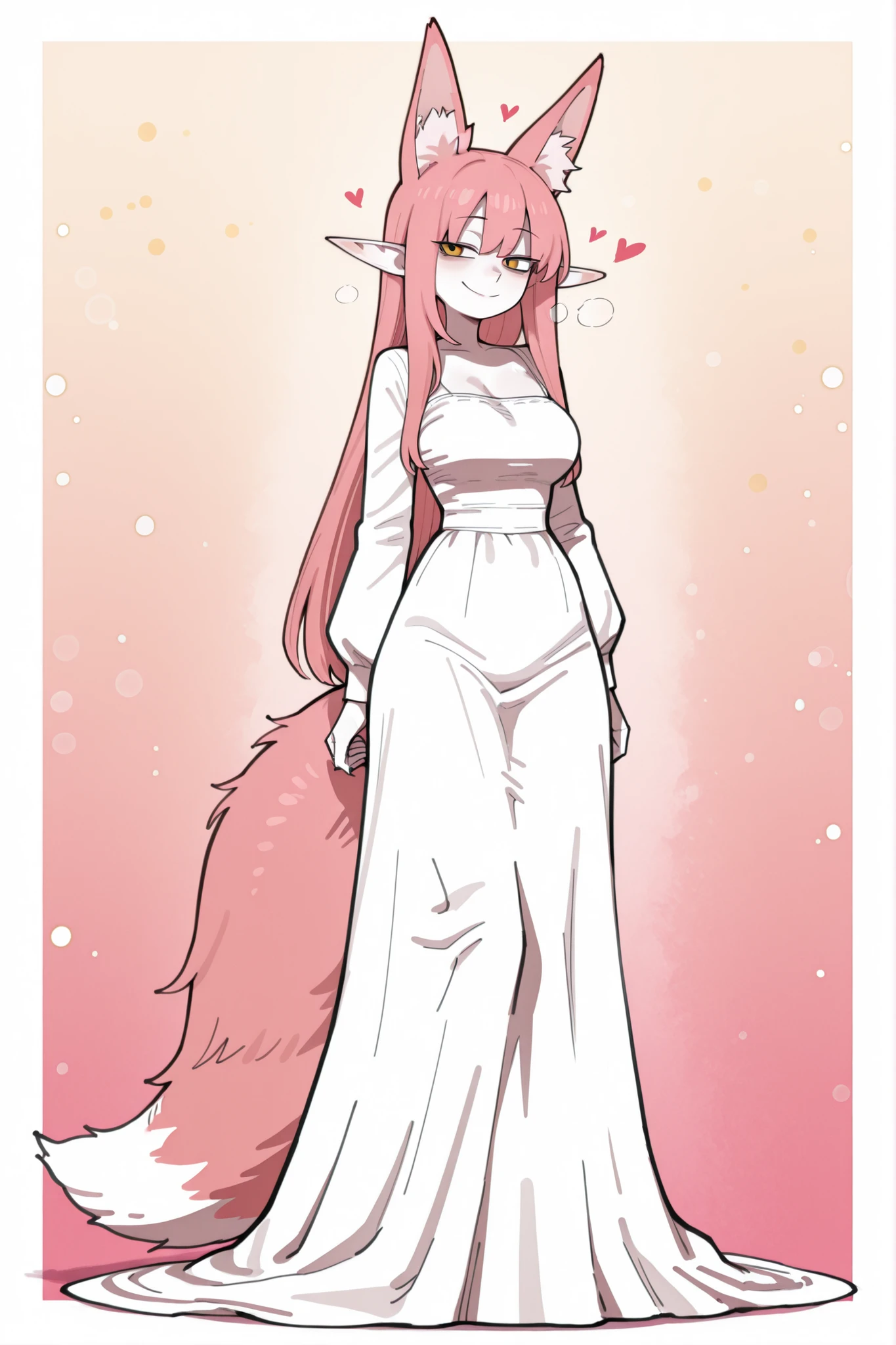 hentamonn,masterpiece , best quality , amazing quality , very aesthetic, white skin, tall girl, adult, rounded elf ear, yellow eye, cold look, pink hair, straight hair, bangs, sharp canines, big fluffy fox tail, fox ears, smug smile, princess, dress, white stockings, full body shot, colorful background, castle