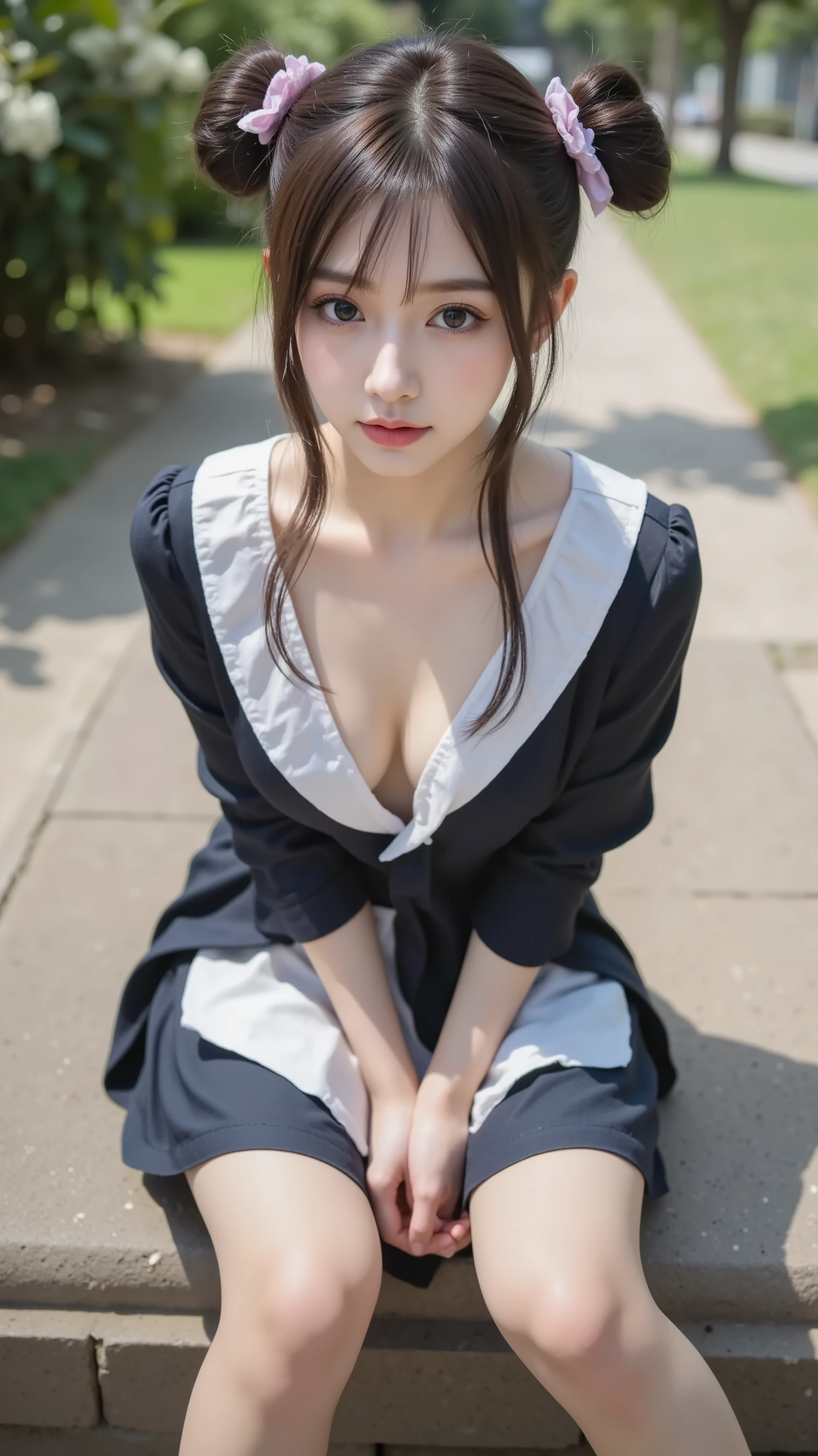 Asian woman sitting on a stone bench in a park, gorgeous maids, catboy cosplay! maids! dress, Japanese Goddess, beautiful Chinese model, Anime Girl Cosplay, Sakimi-chan HDRI, wearing maids uniform, maids, Yoshitomo Nara, anime girl in real life, Japanese model, cute and elegant pose、Highest Quality、Highest Image Quality、greatest masterpiece、realistic