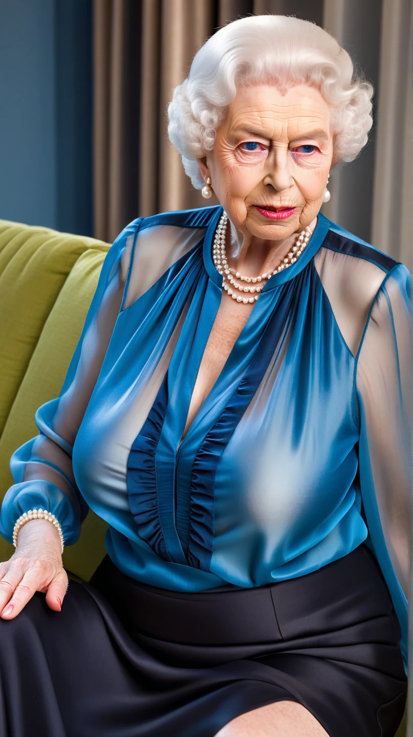 (:1.6), ( :1.5), (gorgeous queen elizabeth 80yo) and a (man:1.3), ( on face:1.4), (:1.4), (pointed :1.5), Passionate, (:1.4), (chiffon white shirt:1.5), (black skirt:1.3), lipsticks, Pearl Necklace