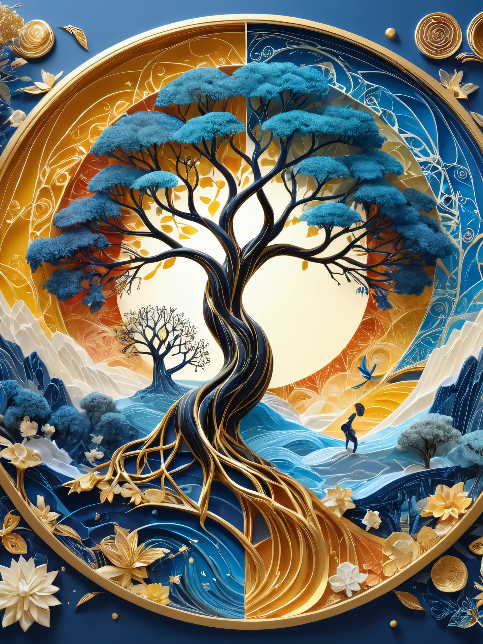 (Evolution of life)、Fibonacci、the golden ratio、melted wax、Visible brush strokes、3D tessellation wireframe、neural graphic、neurons、The Tree of Life、Farbe、tenderness、passion、The ultra -The high-definition、8K UHD、​masterpiece
