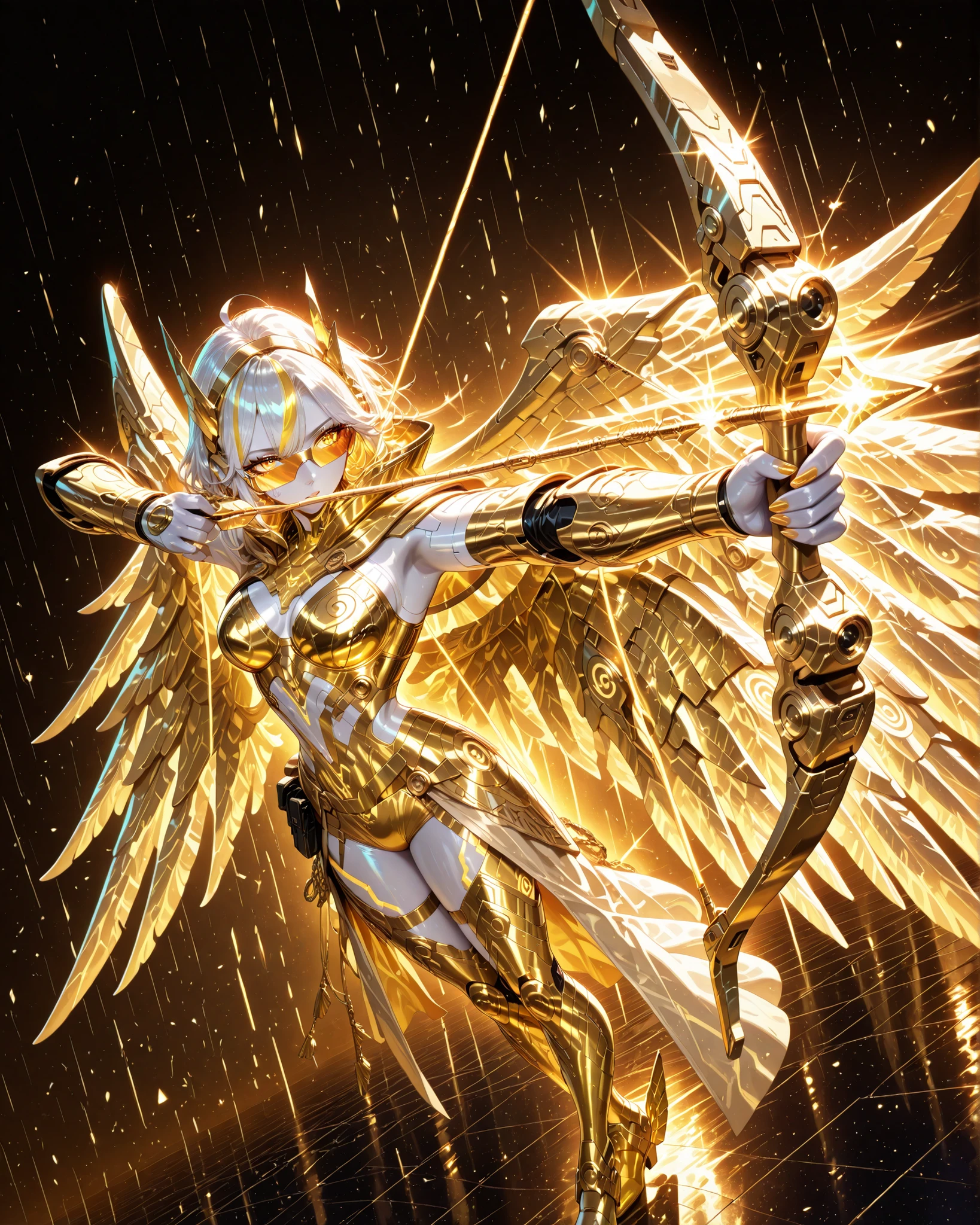 drawing bow (weapon),aiming at viwer,arrow (projectile),bow (weapon),holding bow (weapon),aiming,Frontal angle, full body, (masterpiece, 4k, ultra-detailed, vibrant colors), {1 woman}: (a beautiful and attractive woman, white skin, short white hair with yellow streaks, eyes without irises that are completely yellow, wearing cyberpunk-style glasses, wearing golden armor inspired by the anime Knights of the Zodiac, but in a very revealing and sexy way, with wings, standing in a dynamic pose), no background, neutral background, perfect lighting creating shadows and details