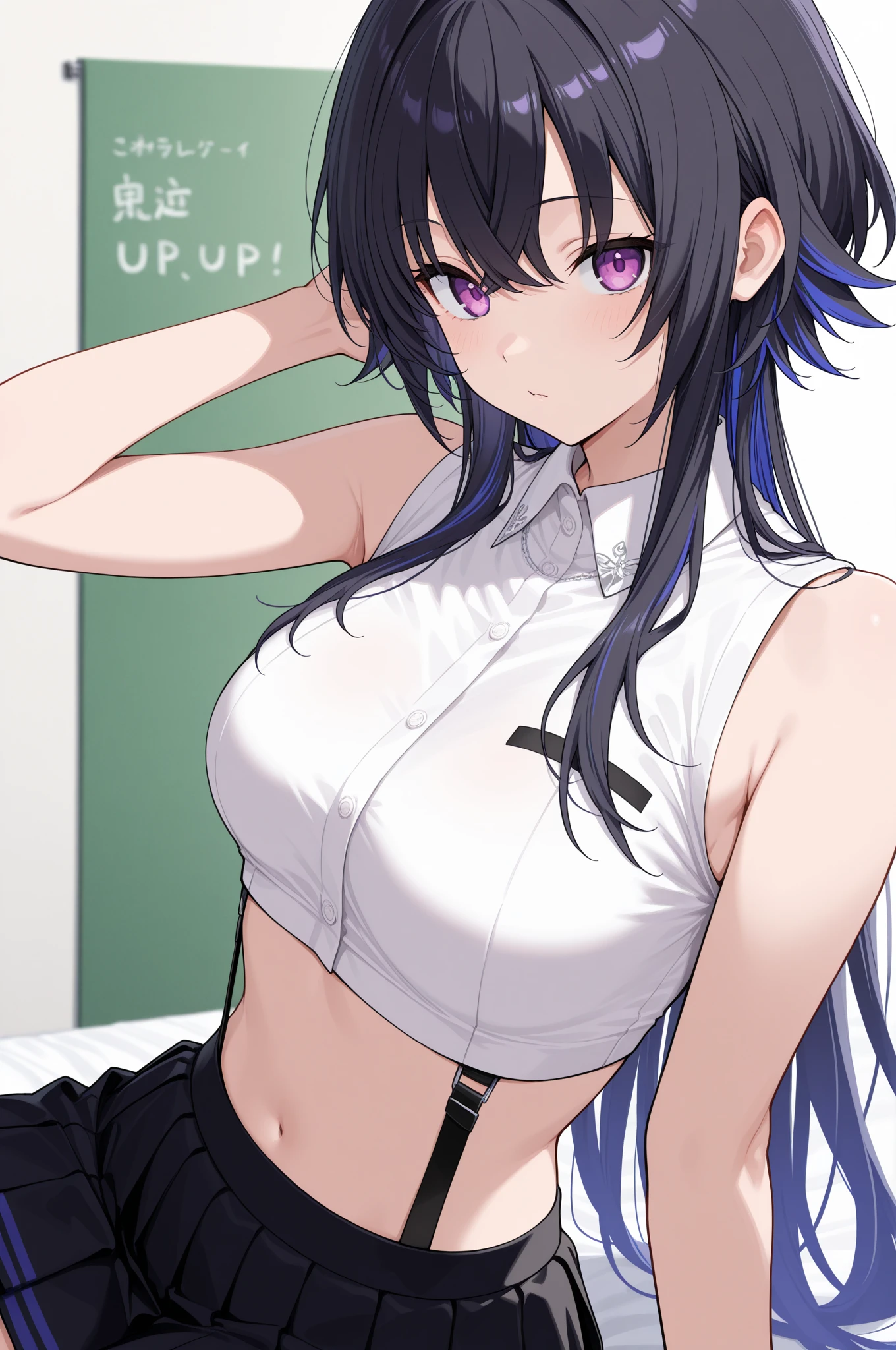  ?????, blush, surprised expression, heart eyes, long hair, trembling body, white shirt, black microskirt , necktie, silver hair, purple eyes, ???? 