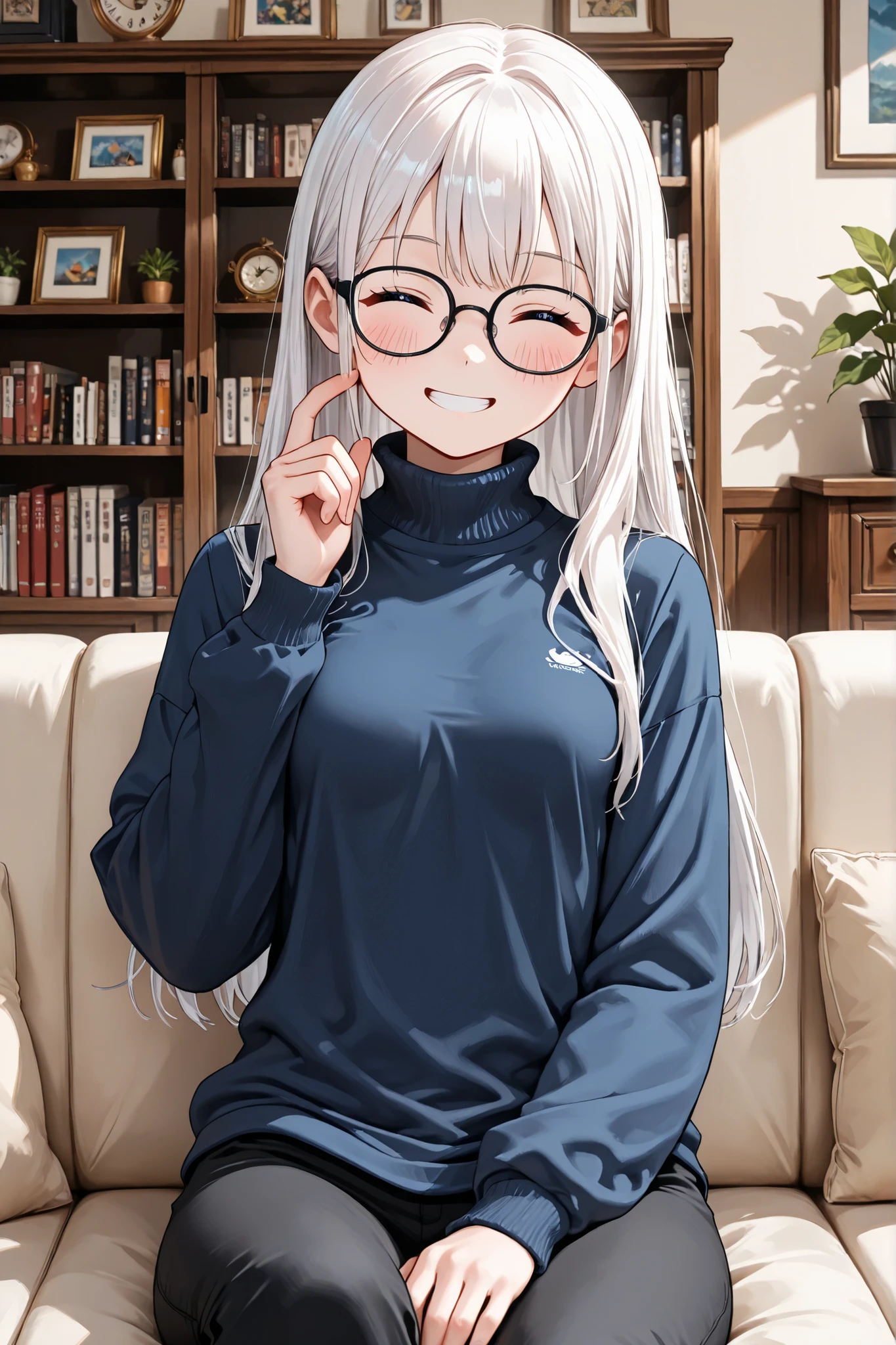 Pretty asian woman, bright silver hair, long hair, green eyes, , sweat pants and a white t shirt, cute, sitting on a wooden barstool ,empty background, pretty smile, anime style, full body photo, facing to the right