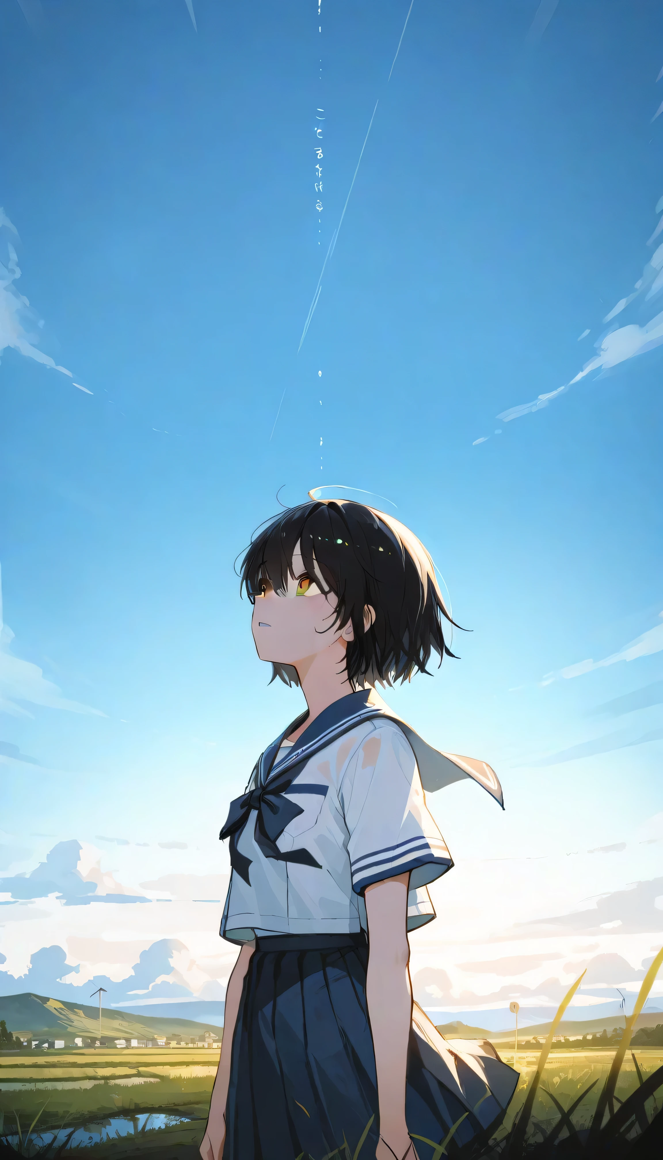 a landscape after the rain, outdoor, outside,look up at a clear sky,create a bright image that makes you feel a new beginning, black short hair, yellow eyes, summer, korean highschool uniform, One hand stretched out to the sky