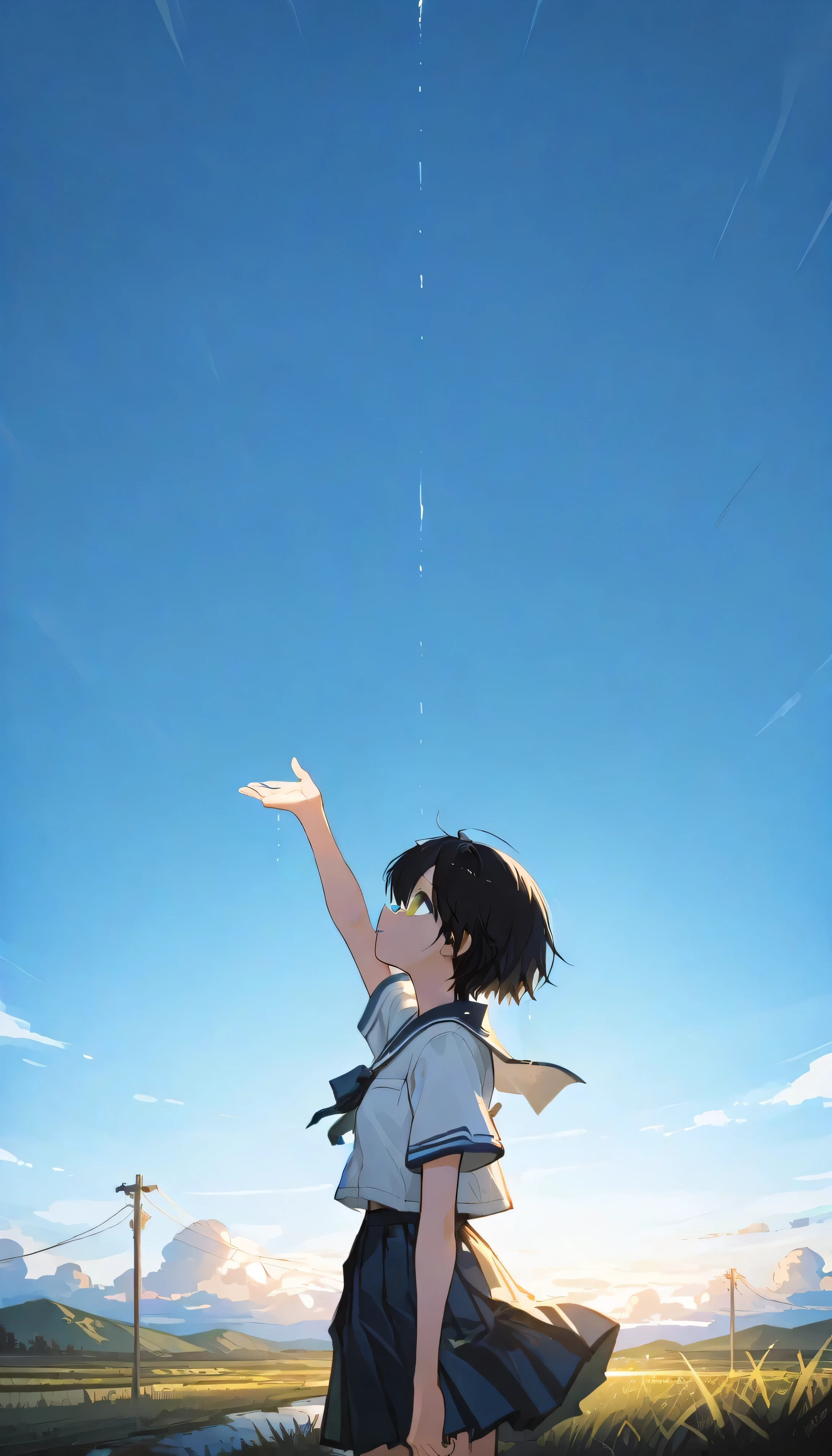 a landscape after the rain, outdoor, outside,look up at a clear sky,create a bright image that makes you feel a new beginning, black short hair, yellow eyes, summer, korean highschool uniform, One hand stretched out to the sky