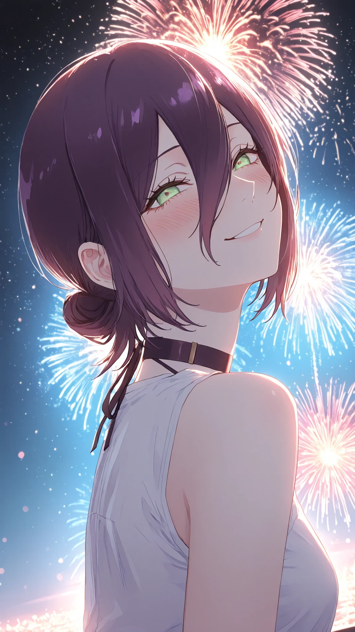 ultra high definition,1girl,reze,naughty face,Smile,Blush,fascinated expression,Blush,From the side,looking at this,Backlight,A fantastic atmosphere that makes you feel like you are on the border between reality and fantasy,mysterious sight,dynamic angle,cinematic lighting,is embarrassing,Countless fireworks blooming in the night sky,Beautiful light particles