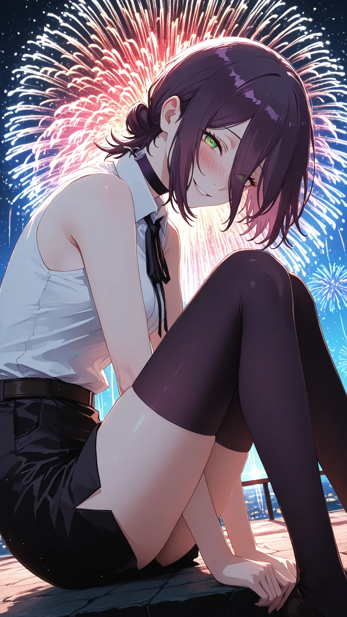 ultra high definition,1girl,reze,naughty face,Smile,Blush,fascinated expression,Blush,white sleeveless shirt,black knee-high socks,From the side,looking at this,Backlight,A fantastic atmosphere that makes you feel like you are on the border between reality and fantasy,mysterious sight,dynamic angle,cinematic lighting,is embarrassing,Countless fireworks blooming in the night sky,Beautiful light particles