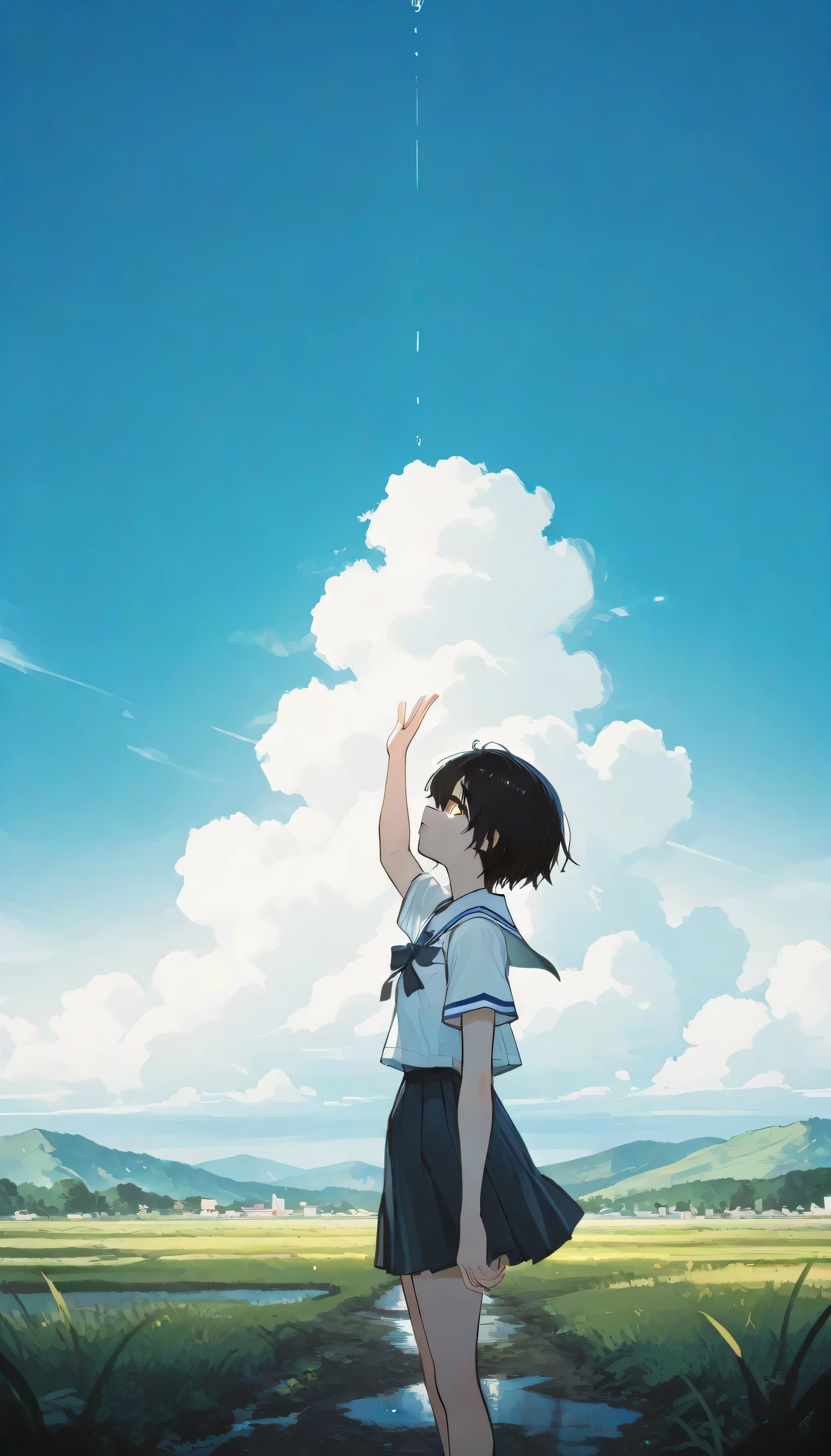 a landscape after the rain, outdoor, outside,look up at a clear sky,create a bright image that makes you feel a new beginning, black short hair, yellow eyes, summer, korean highschool uniform, One hand stretched out to the sky