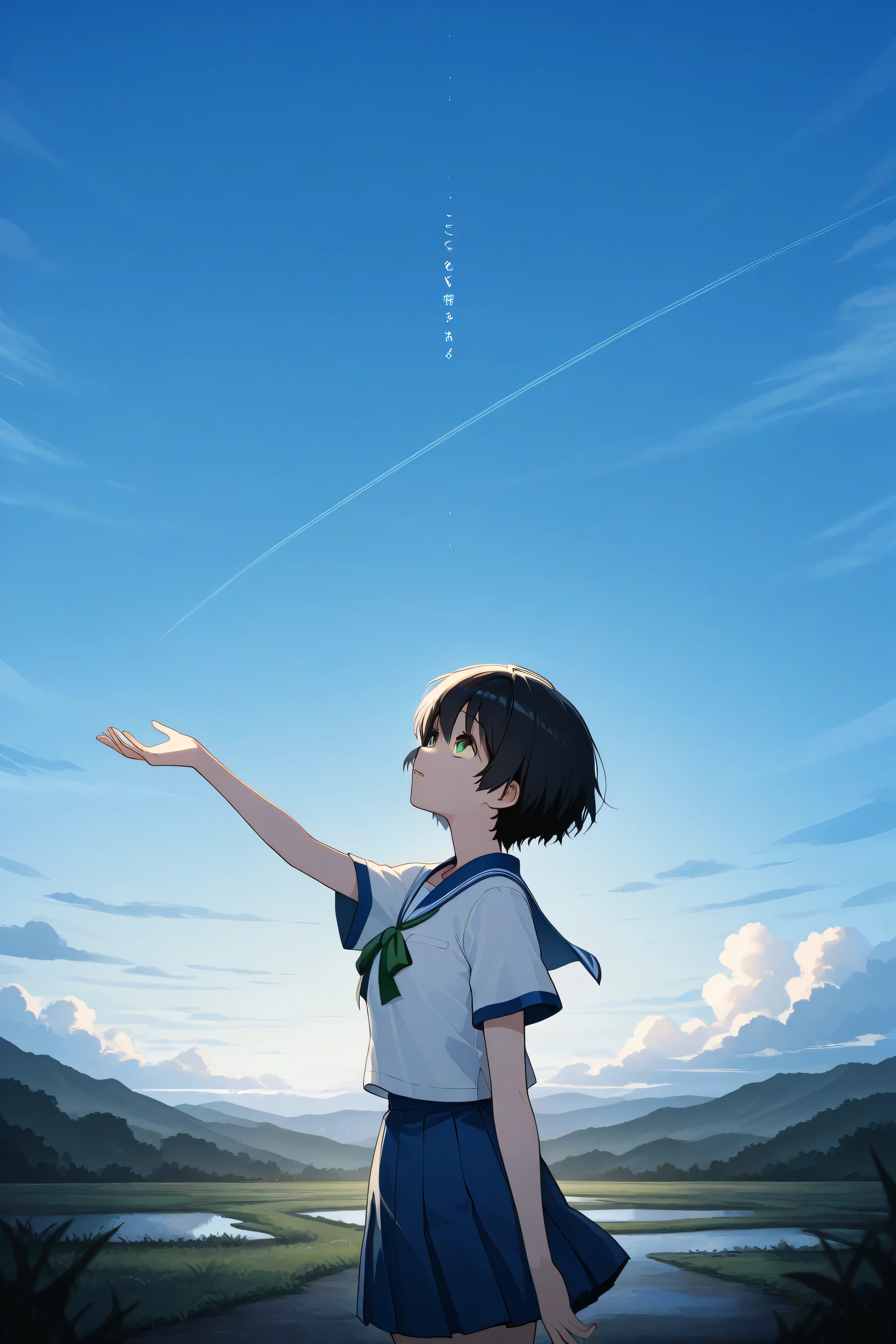 a landscape after the rain, outdoor, outside,look up at a clear sky,create a bright image that makes you feel a new beginning, black short hair, yellow eyes, summer, korean highschool uniform, One hand stretched out to the sky