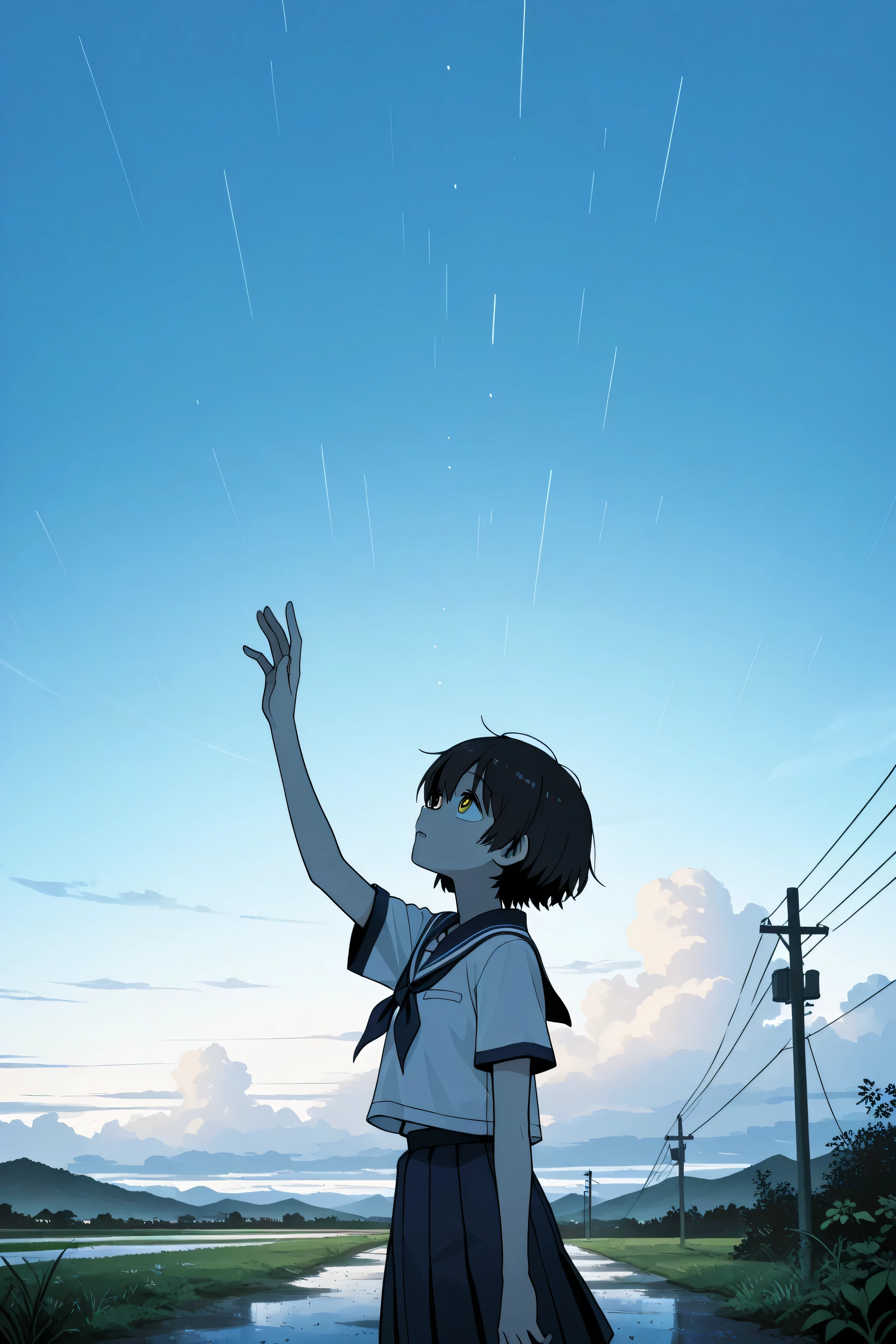 a landscape after the rain, outdoor, outside,look up at a clear sky,create a bright image that makes you feel a new beginning, black short hair, yellow eyes, summer, korean highschool uniform, One hand stretched out to the sky