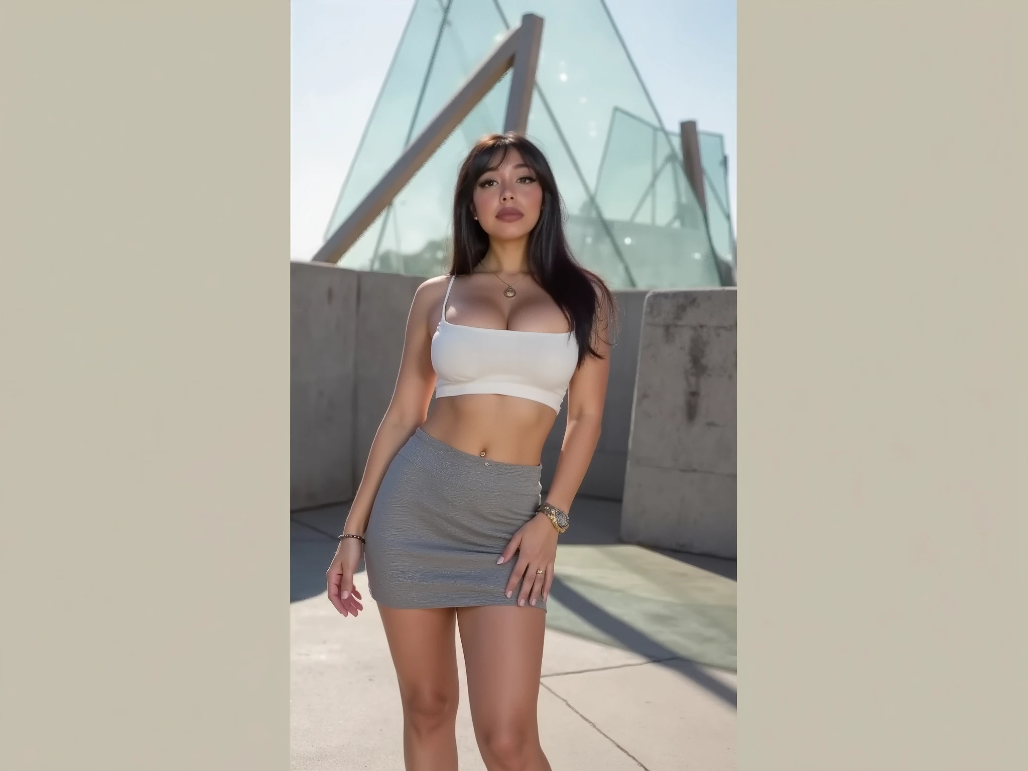 Une jeune femme se tient debout en toute confiance dans un environnement extérieur, habillée d'un haut court blanc sans manches et d'une mini-jupe grise ajustée. Sa longue, des cheveux noirs tombent en cascade sur ses épaules. Elle l'accessoirise avec un collier orné d'un petit pendentif, une montre-bracelet sur son poignet gauche, et un bracelet sur son poignet droit . Son nombril est orné d'un subtil piercing. Le fond présente une structure architecturale avec des panneaux de verre géométriques et des éléments en béton, peut-être un environnement urbain moderne. La scène est bien éclairée, suggérant qu'il fait jour, avec le soleil projetant de douces ombres sur le sol. L'atmosphère est décontractée et élégante, capturer un moment d'élégance décontractée.
