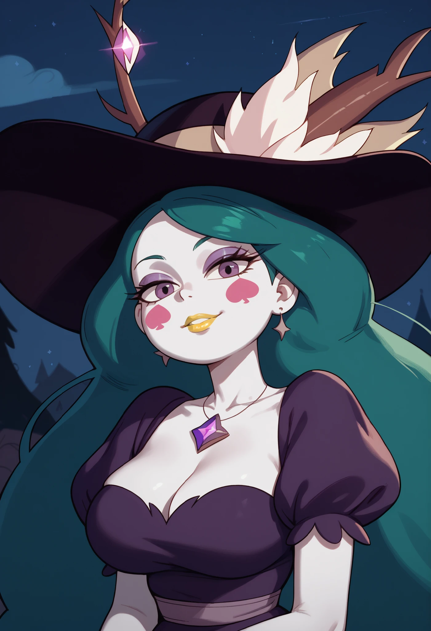 Eclipsa Butterfly, woman, large breasts, anime style, yellow lipstick, white skin, blue-green hair, purple eyes, dark purple dress, hat, night, looking at viewer, focus on character, Star vs The Forces of Evil, solo