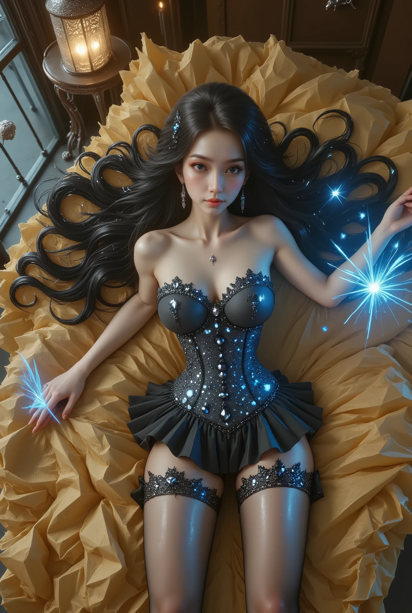 Long-distance photography, photography on below, full-body photography, masterpiece, semi-realistic. A 17-year-old Asian woman with a cute appearance, wearing Douyin-style makeup with rosy cheeks, and long eyelashes, with a tall, oily body, slender, small belly, wide waist, and long, sexy muscular legs, and giant breasts. Standing in a luxuryos chair with spreading legs on a luxurious gold chair in a spacious room, wearing a strapless corset with a deep cleavage to her navel, shaped by black diamonds that emphasize her striking avant-garde body with intricate details, with a pleated miniskirt and nylon stockings with sexy high gold lace, she also wears high-heeled stilettos with straps, reminiscent of Gothic or fantasy style. The work features intricate details, including sparkling blue gemstones and feather-like textures and flashes of blue light that adorn the tight gold corset, giving it an elegant and graceful feel. The shiny paint on the corset adds a sense of fantasy, while her long dark hair flows in waves over her shoulders, enhancing the dramatic effect. the background suggests classical elegance. The architectural layout, likely a historic or Asian-style building with large windows and decorative details, evokes grandeur and old-world charm. The overall atmosphere is luxurious and mysterious, enhanced by the combination of timeless textures and the quality of the surroundings.