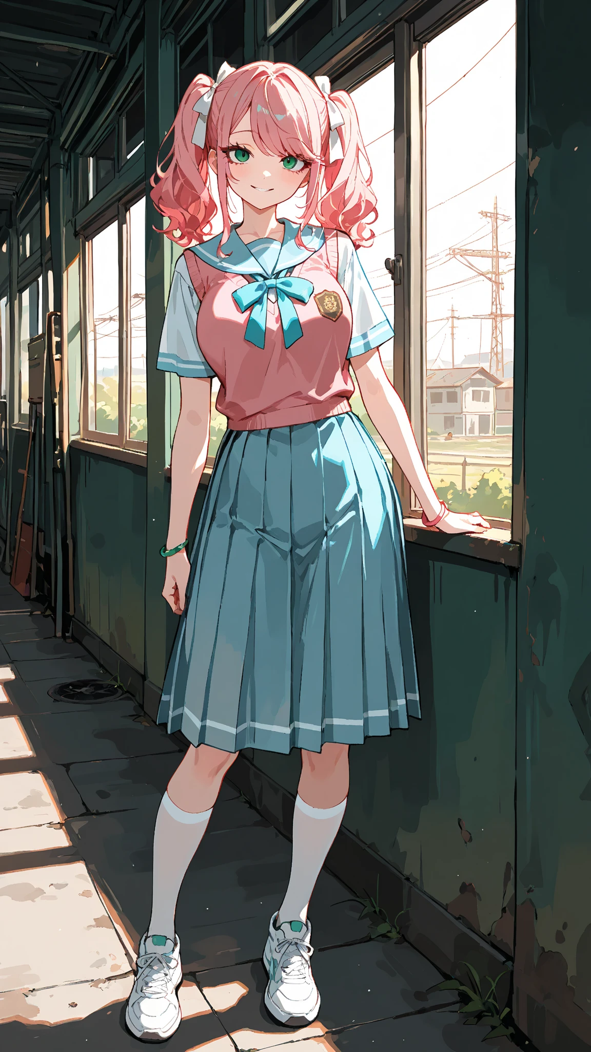 Blue rainbow grill
Small green trees
A clean street on
Dark hair color
Thick eyebrows
Bright eyes
A rounded nose
Thick, pink lips
White teeth
Beautiful round neck
An elegant and slender figure
Short beige shirt red color
Beige short skirt blue color
A long line
Wearing white shoes.
Holding a phone in his hand
Walking
20 years old
of a beautiful woman
Fig.
Image quality 8 k
Light brightness 5k
8k resolution.