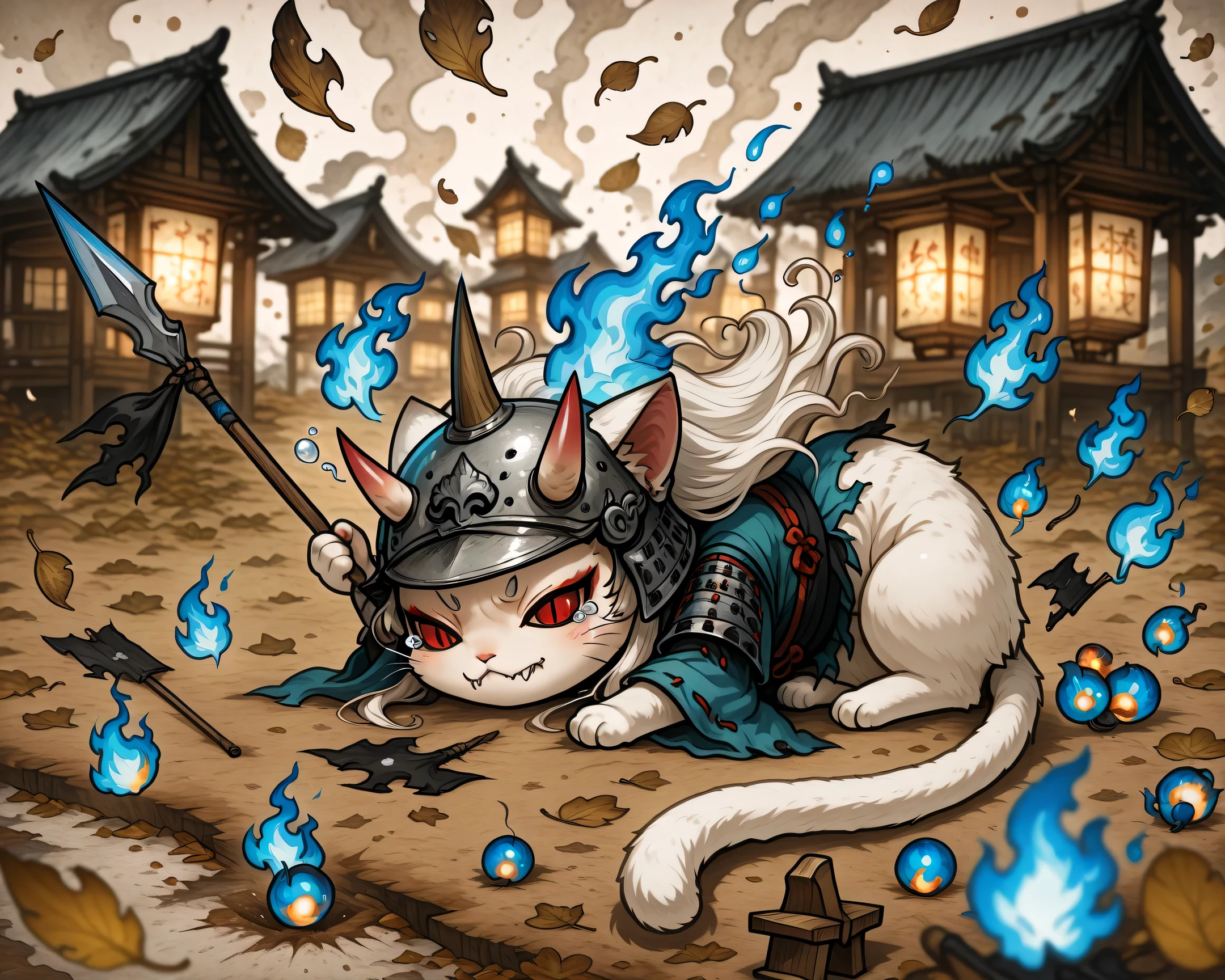 ((言語: 日本語、英語)、(Masterpiece), (Highest Quality), (High Score), (High Resolution),(4k),(Oni, bipedal rats, bipedal frogs),Uncensored,),
(XUER guangying),
(ファンタジー、中世の日本、(冬)、,BREAK,(早朝)、（夜空）、(屋外)、(many chibi monsters),),

(,(Horror),(Fantasy), (chibi-style), (all chibi),,(Medieval Japan, highways, countless lanterns, wooden buildings),(snow),,,(sake,Japanese armor, helmets, kimonos, geta),(Torn clothes, dirt, broken flag),,(Oni, bipedal rats, bipedal frogs),,(holding a flag, spear),(heroine is chibi:1.4),(many cats man),(Anatomically accurate structure),),

(((Little flaming balls,blue flame),wind,(Fallen leaves swirling in the air),,BREAK,(splash art),[(depth of field, shallow depth of field, background gradually blurred, sharp focus on character),:1.4)][(Sidelight:1.4)],))

((mature woman,(tail,nekSMT, white hair,red eyes, long hair, slit pupils, fangs, cat ears, cat tail, white tail,kimono),),((Deep sleep,  completely closed eyes),(tears),(squeans, sleepy),)(on side),(bent knees:1.2),(crying),[looking away:],[cowboy shot:],),

(),
,(many cats),
