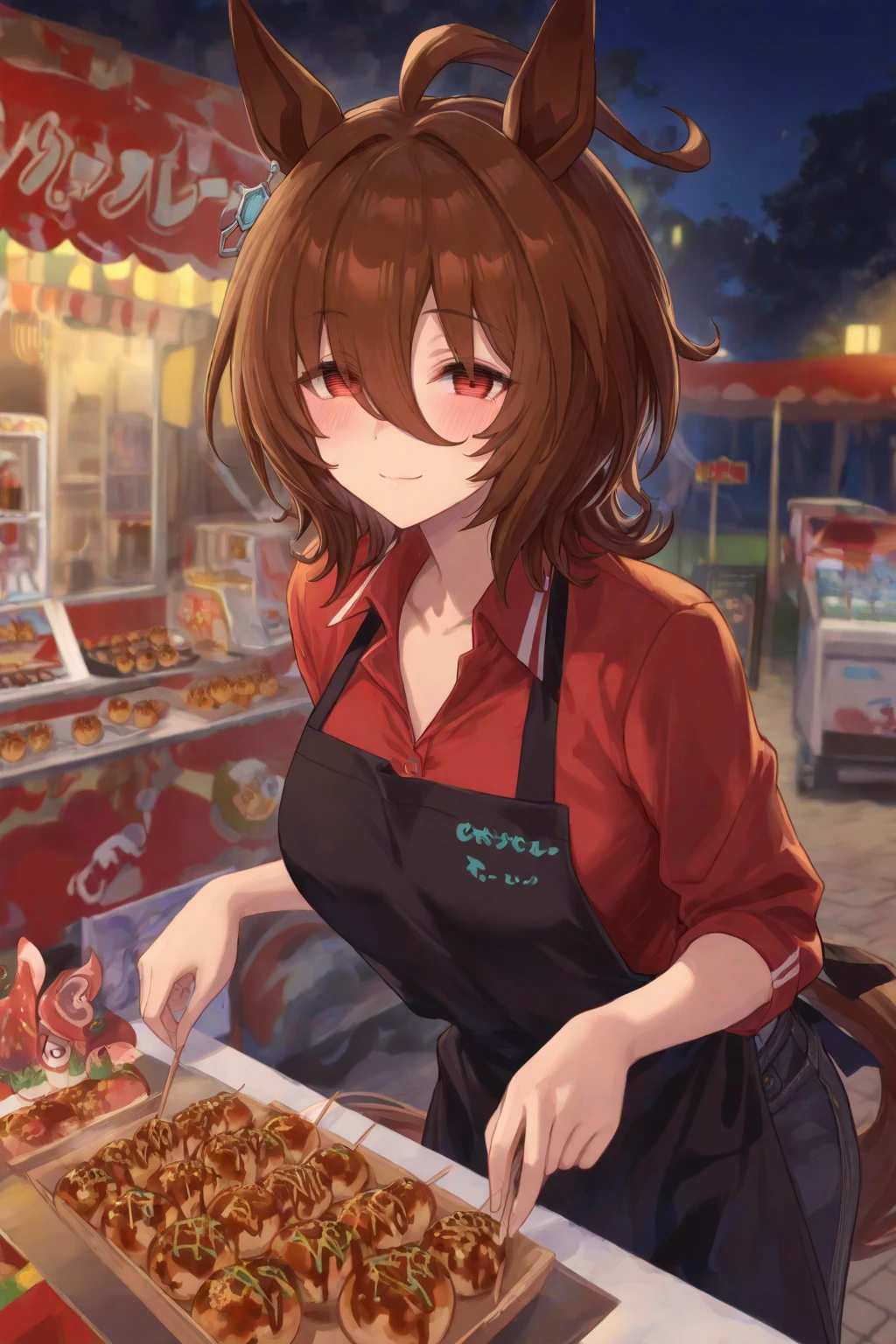 A girl works at a barbecue restaurant at night，Wearing a light blue dress，long dark hairs，Qi bangs。（the whole body：1.4） ，master masterpiece，8K，ultra hd picture quality
