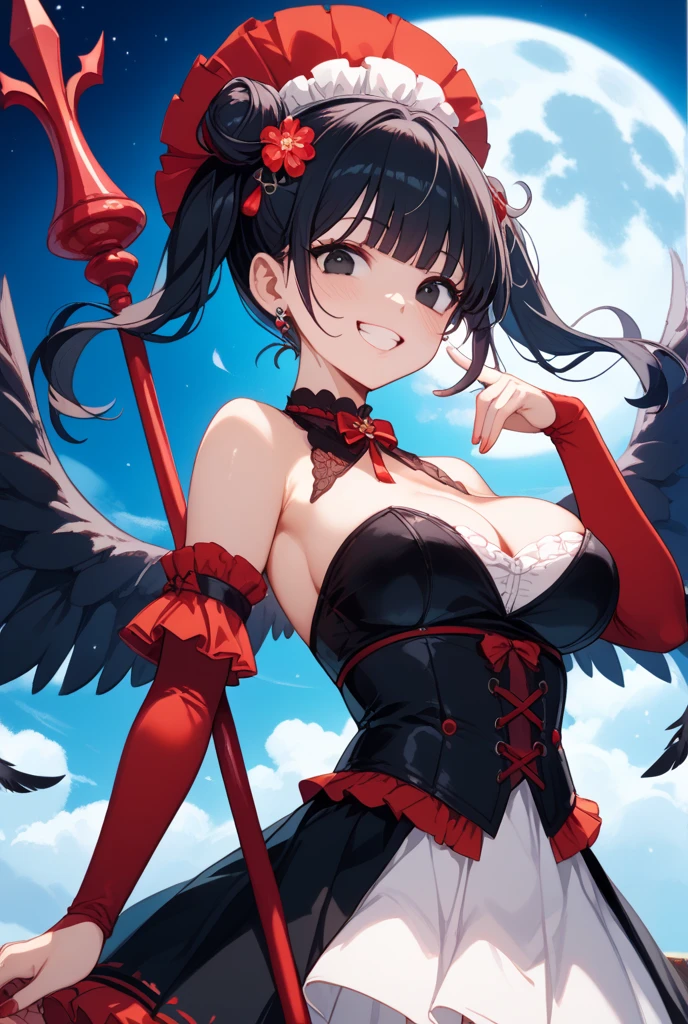 (best quality, high resolution, textured skin, high quality, High Detail,Extremely detailed CG unification)，Demon Queen，Obsessed，Scarlet eyes，Dynamic Angle,whole body，Gorgeous dress，Long skirt covering the legs，Lots of fabric，Lace，Decorations， multi-layered skirt，Ruffles，Intricately designed clothing is beautiful to wear，Elegant and attractive posture，Demon Wings，Gloves，whole body包裹的衣服
