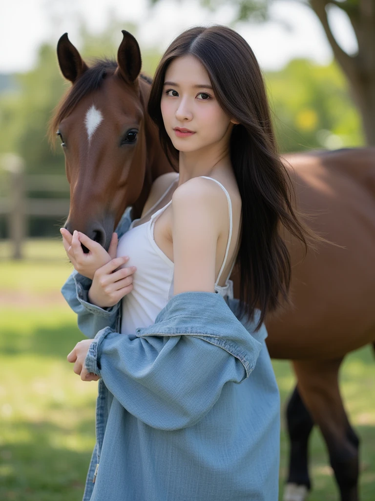 One girl, alone, umamusume, Horse Girl, Horse's ears, Horse tail, Brown eyes, Brown Hair, Long Hair, A light smile, earrings, Frilled Skirt, Green Skirt, High Waist Skirt, Puff short sleeves, thin, thin, (Japanese:0.8)