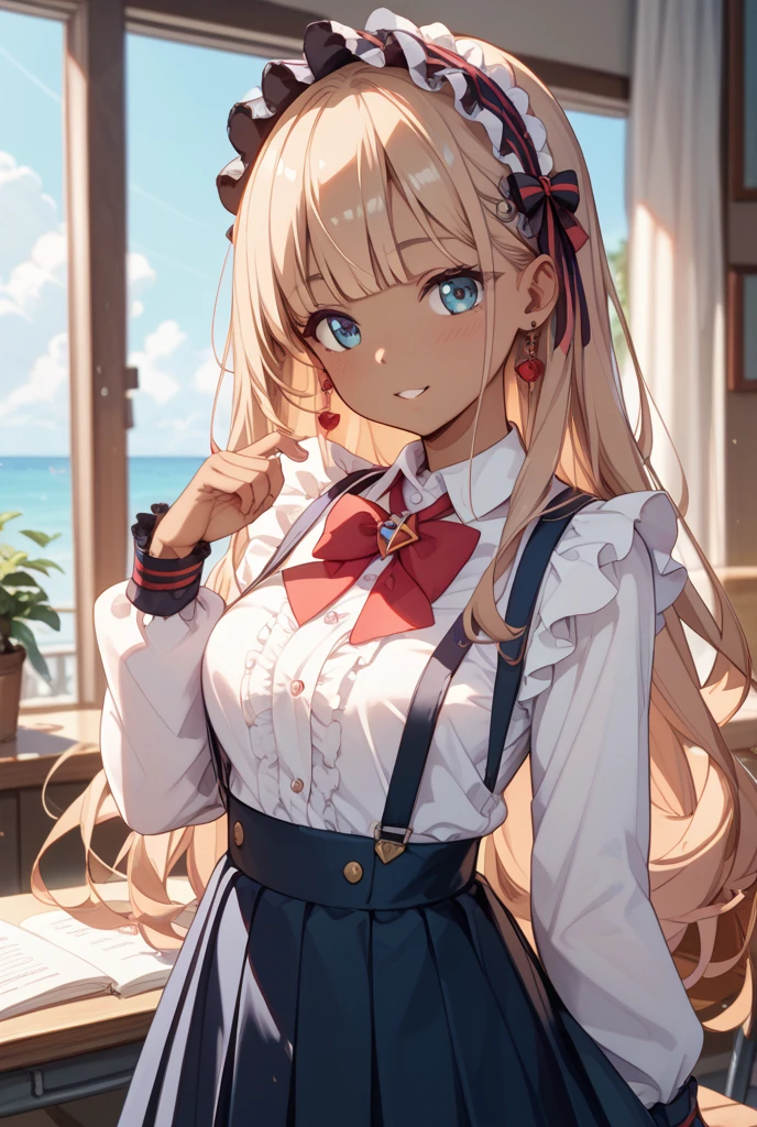 Highest quality,masterpiece,masterpiece portrait,((full body)),　Blonde、Blue Eyes、Pink lips、、White shirt、Black Ribbon、Sexy atmosphere、cartoonist、(((Slightly )))、Wearing a red beret、((Posing with a fountain pen))、Grinning、Anime Style、Beauty、((The background is the wall of a coffee shop))、Sitting in a chair、(((Front view)))、Looking up