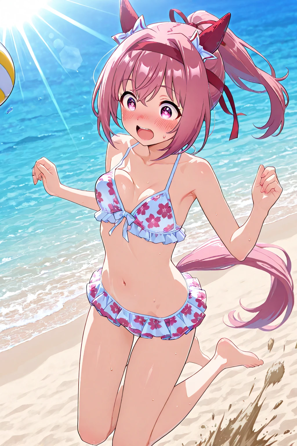 score_9, score_8_up, source_anime, 1girl, solo, AzkiSummer, multicolored hair, long hair, french braid, hair ornament, layered bikini, pink bikini, striped bikini, bracelet, white belt, bikini shorts, thigh strap, outdoors, beach, wet, smile, blush, happy, <lora:ChamAZKiPonyXL:1>